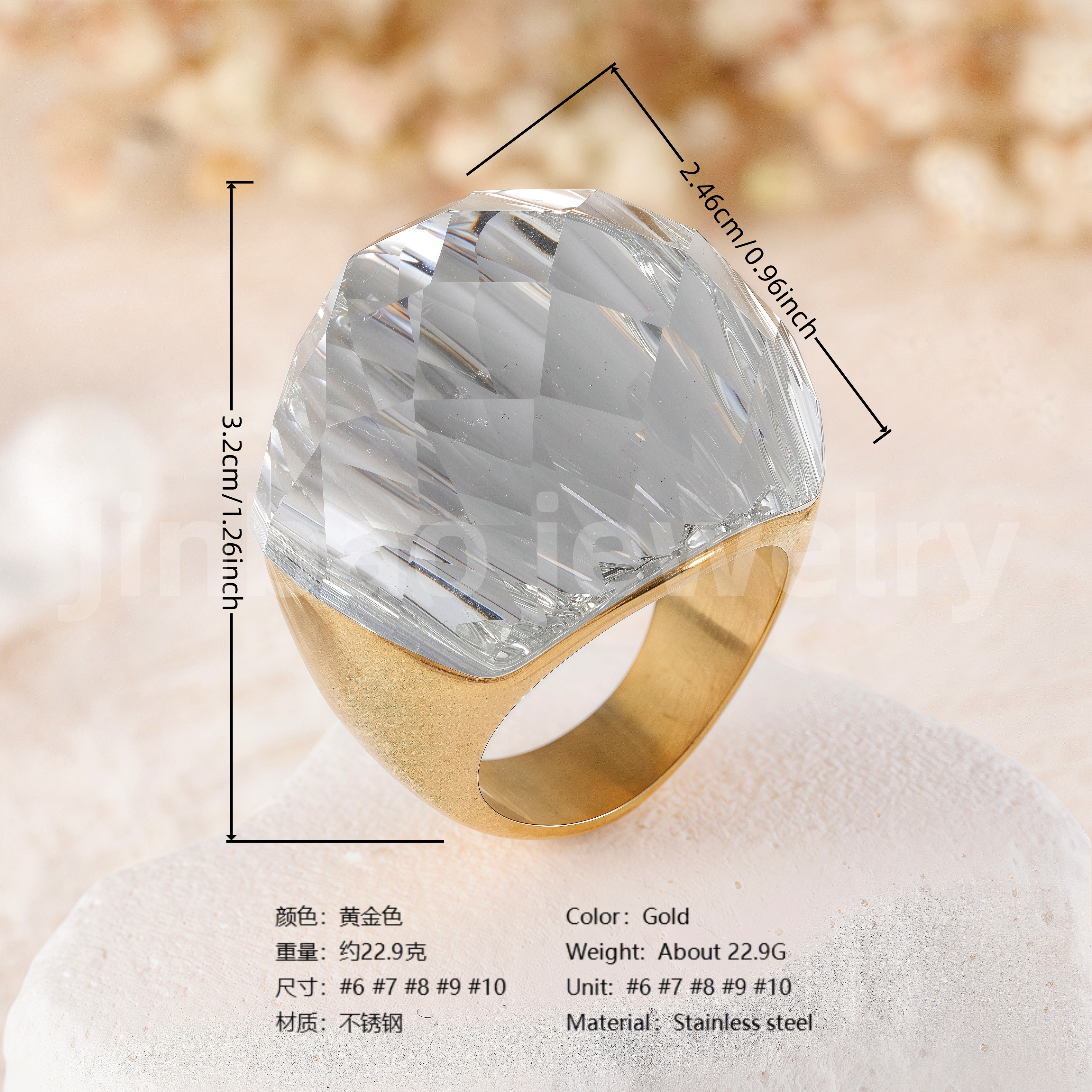 24K Gold PVD Stainless Steel Titanium Fashionable Multi-Color Gem Women's Ring丨K002622-JinBaoJewerly