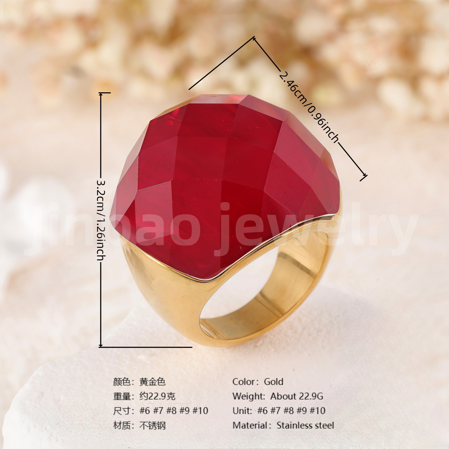 24K Gold PVD Stainless Steel Titanium Fashionable Multi-Color Gem Women's Ring丨K002622-JinBaoJewerly