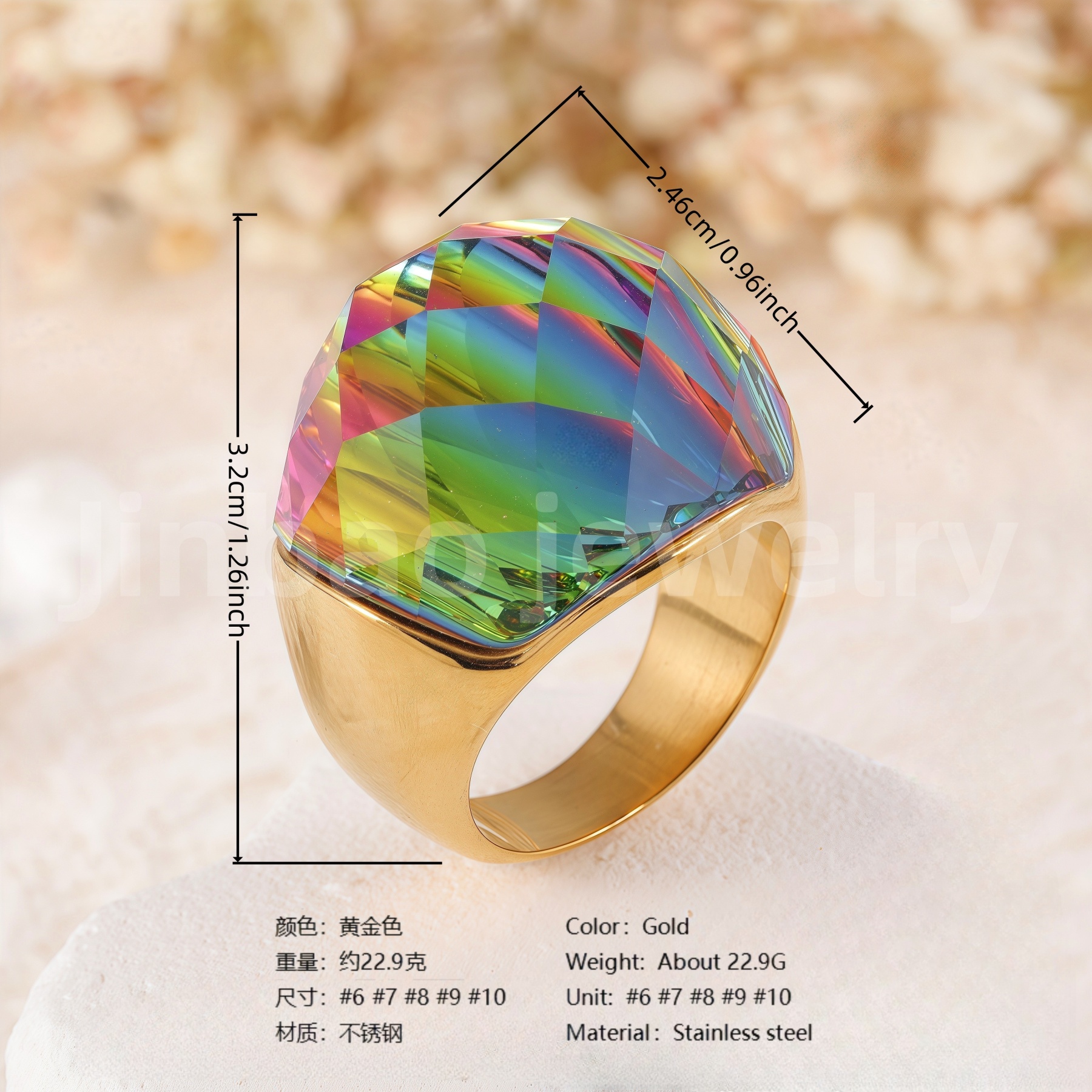 24K Gold PVD Stainless Steel Titanium Fashionable Multi-Color Gem Women's Ring丨K002622-JinBaoJewerly