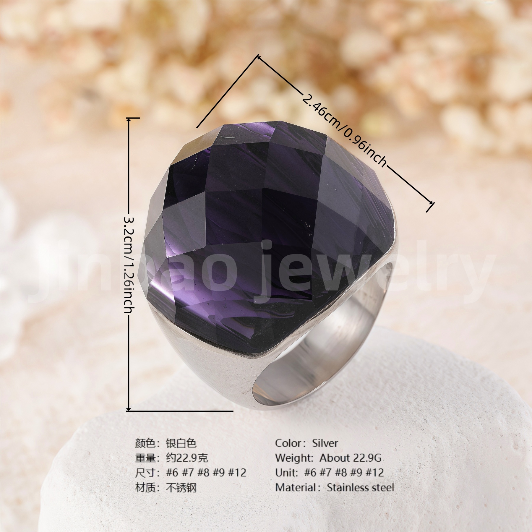 24K Gold PVD Stainless Steel Titanium Fashionable Multi-Color Gem Women's Ring丨K002622-JinBaoJewerly