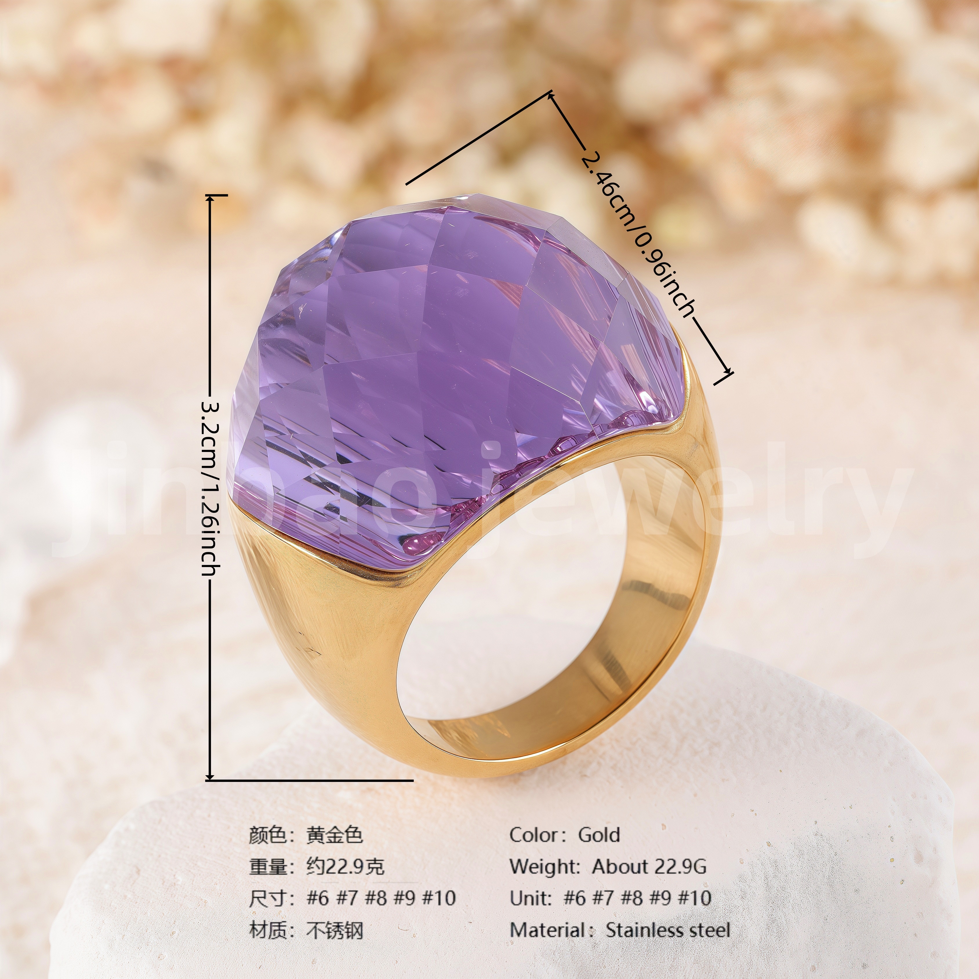 24K Gold PVD Stainless Steel Titanium Fashionable Multi-Color Gem Women's Ring丨K002622-JinBaoJewerly