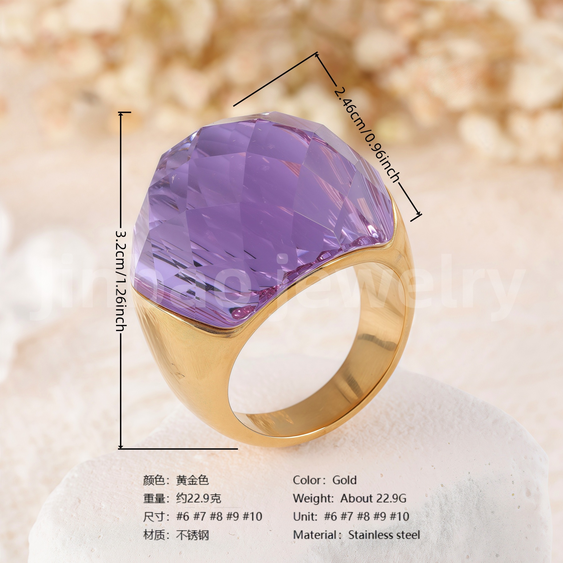 24K Gold PVD Stainless Steel Titanium Fashionable Multi-Color Gem Women's Ring丨K002622-JinBaoJewerly