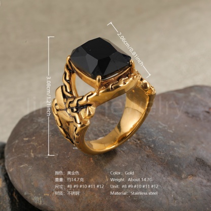 24K Gold PVD Stainless Steel Titanium Square Gemstone Fashion Men's Ring-JinBaoJewerly