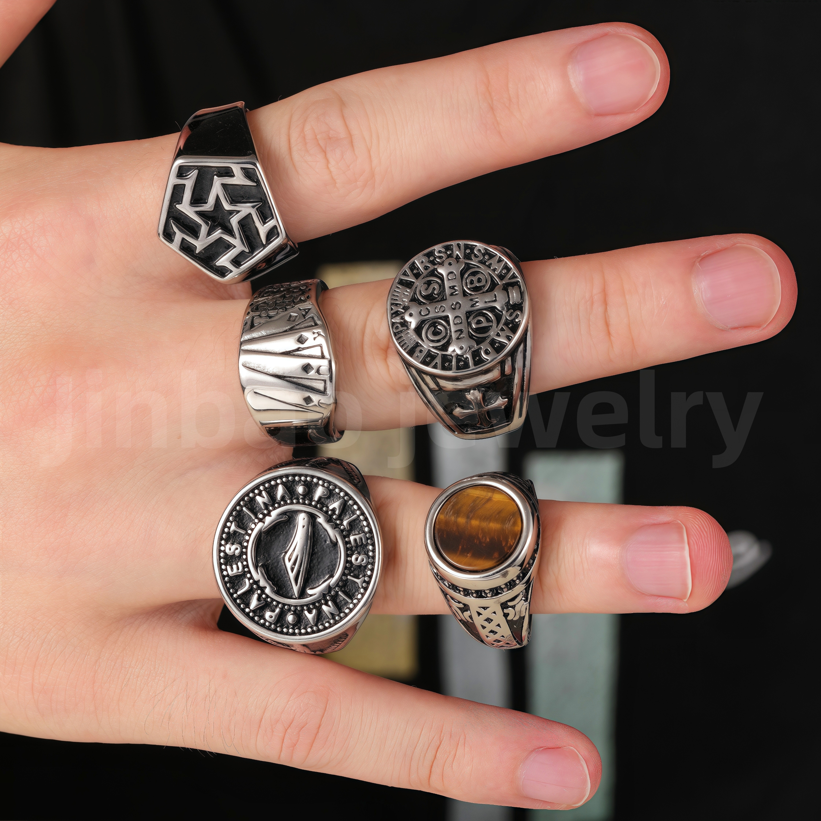 High Quality Stainless Steel Titanium Retro Engraved Pattern Men's Ring-JinBaoJewerly