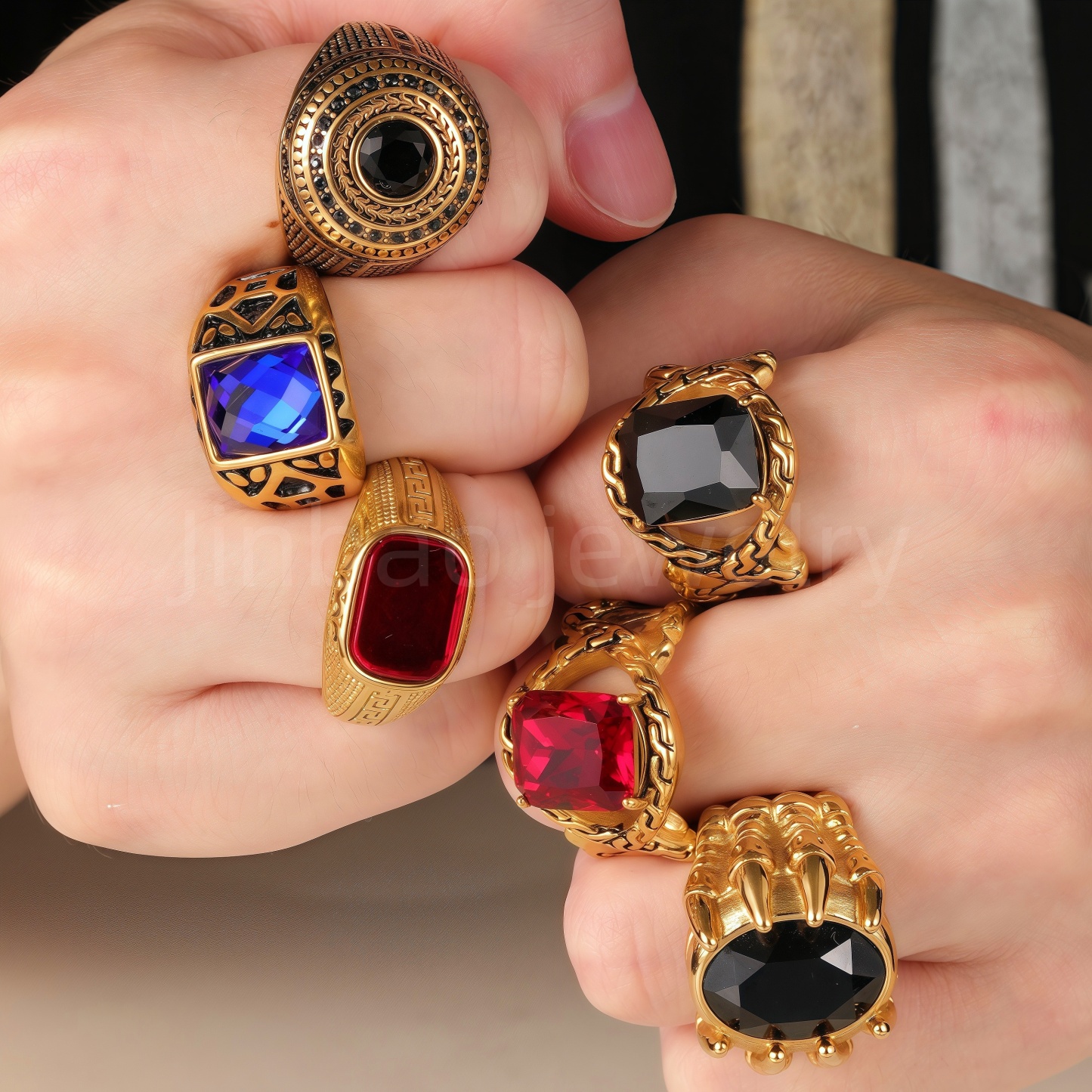 24K Gold PVD Stainless Steel Titanium Square Gemstone Fashion Men's Ring-JinBaoJewerly