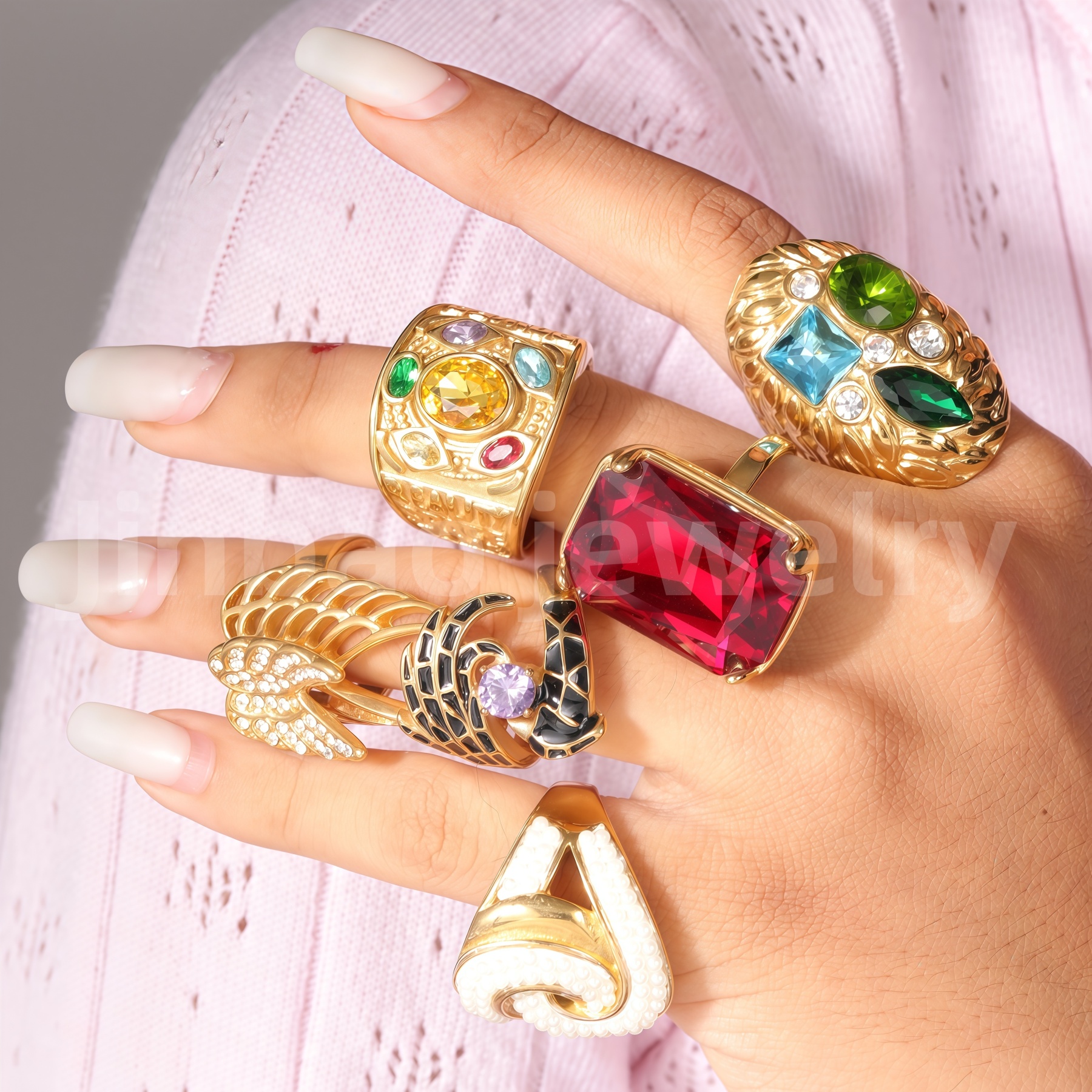 Vintage Multi-Gemstone Textured 24K Gold PVD Stainless Steel Titanium Women's Ring-JinBaoJewerly