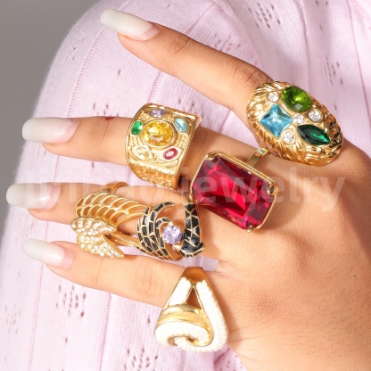 Vintage Multi-Gemstone Textured 24K Gold PVD Stainless Steel Titanium Women's Ring-JinBaoJewerly