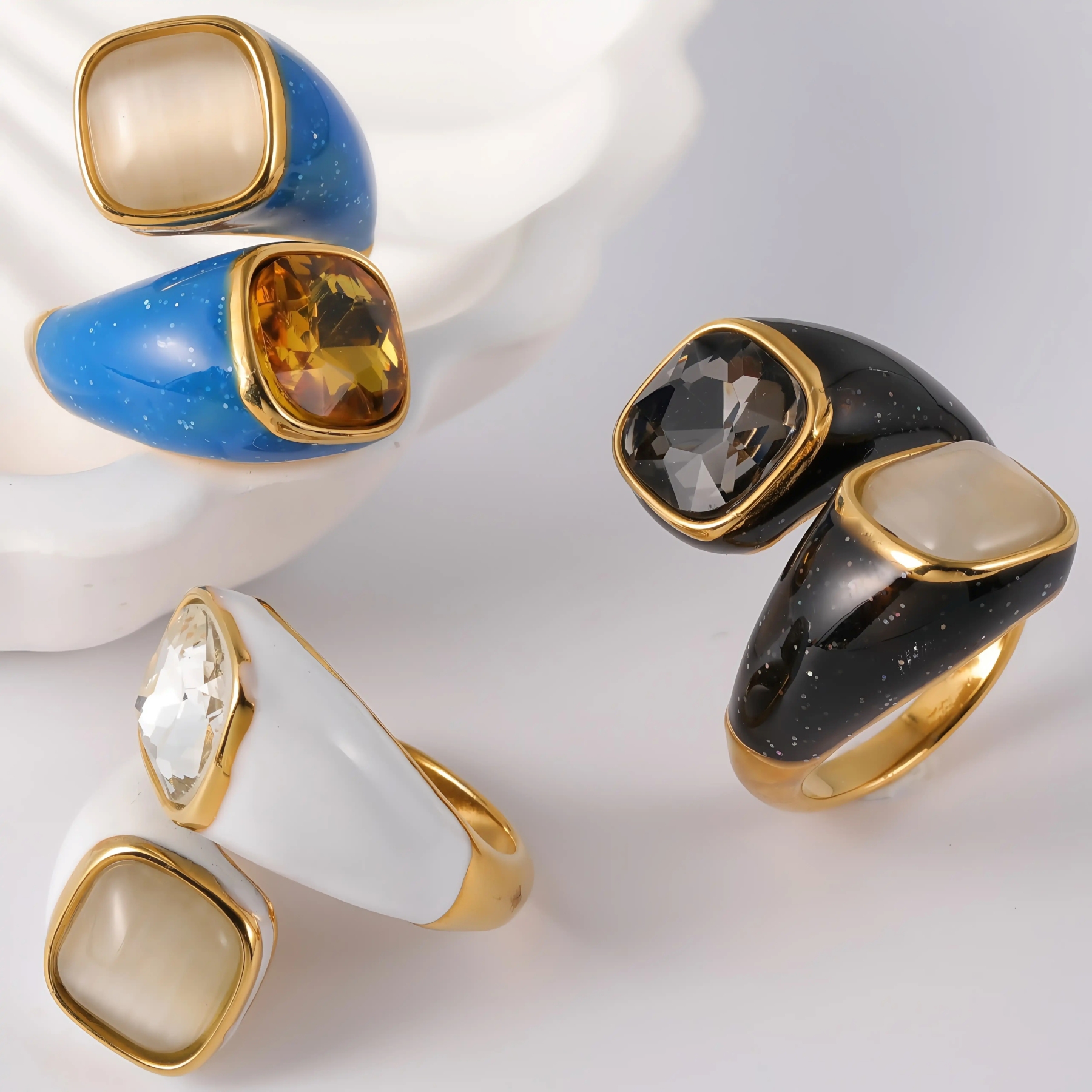 24K Gold-Plated Stainless Steel Square Gemstone Minimalist Luxury Women’s Ring-JinBaoJewerly