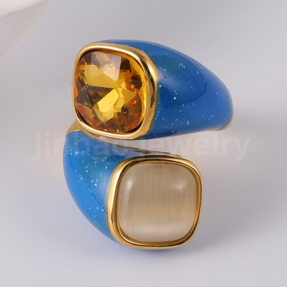 24K Gold-Plated Stainless Steel Square Gemstone Minimalist Luxury Women’s Ring-JinBaoJewerly