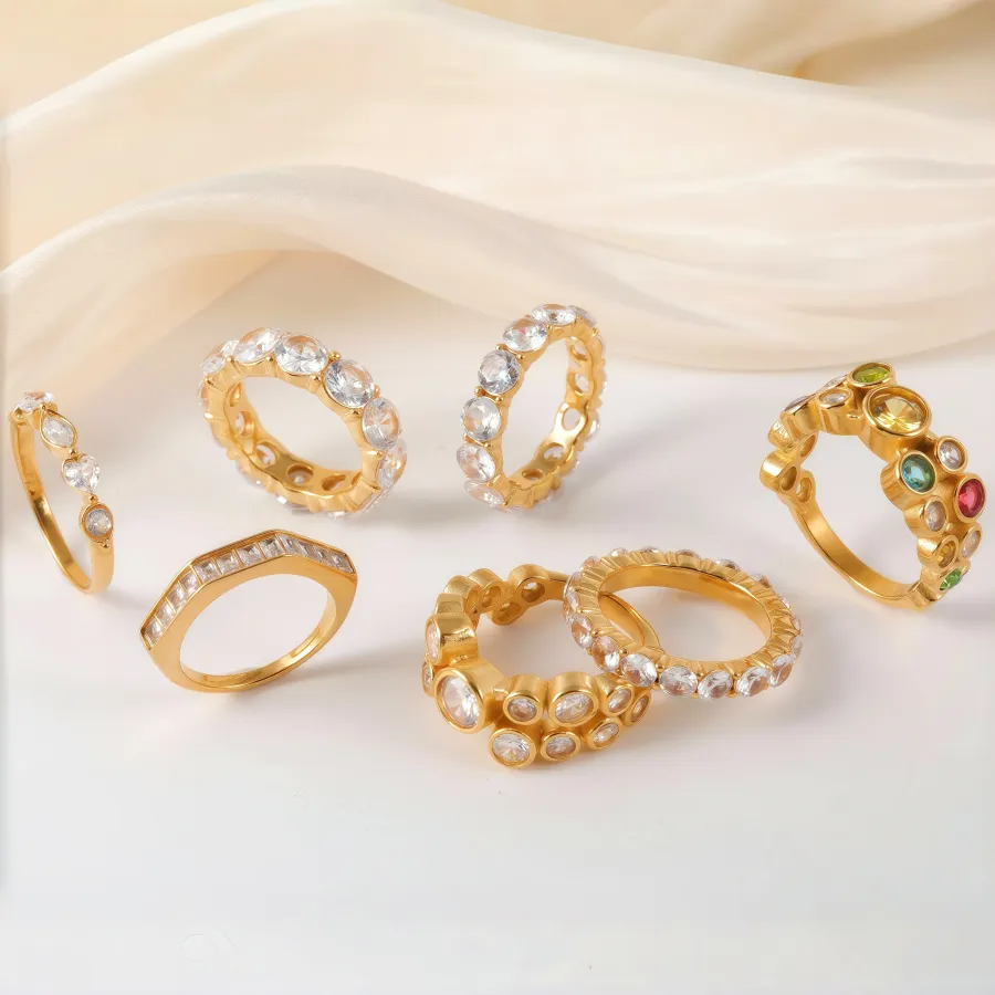 Luxury 24K Gold-Plating Stainless Steel Stunning Crystal Embellishments Women's Waterproof Ring