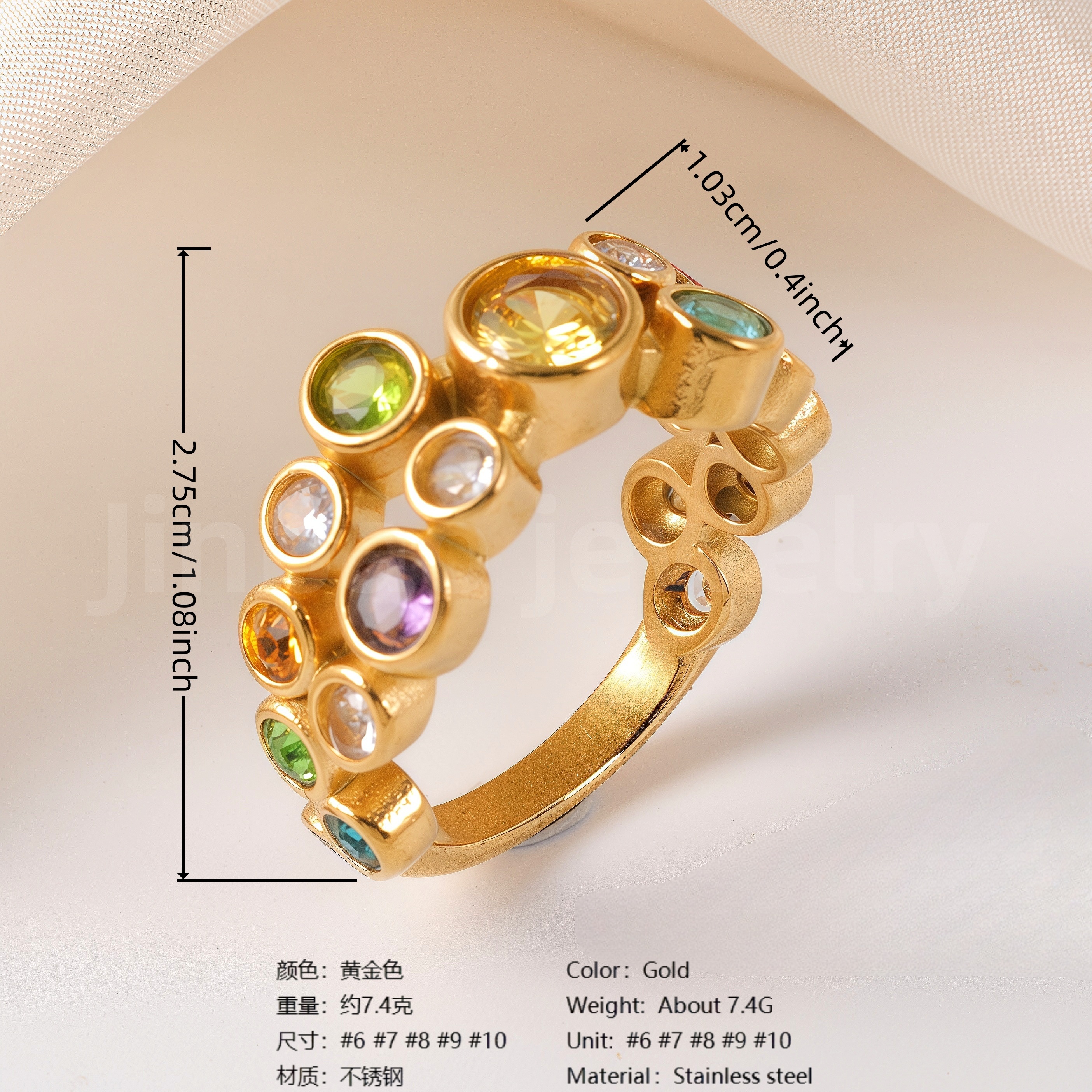 Luxury 24K Gold-Plating Stainless Steel Stunning Crystal Embellishments Women's Waterproof Ring-JinBaoJewerly