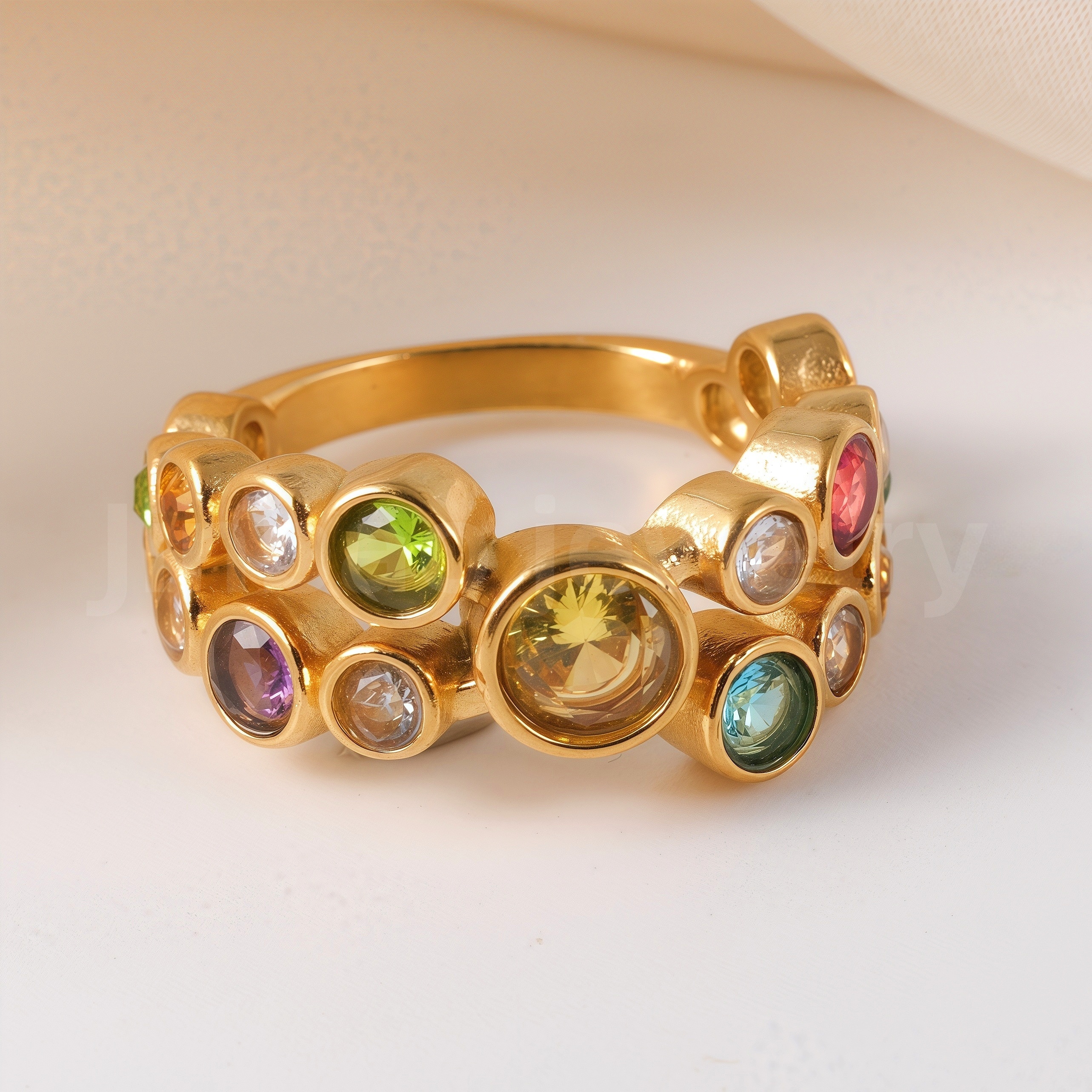 Luxury 24K Gold-Plating Stainless Steel Stunning Crystal Embellishments Women's Waterproof Ring-JinBaoJewerly