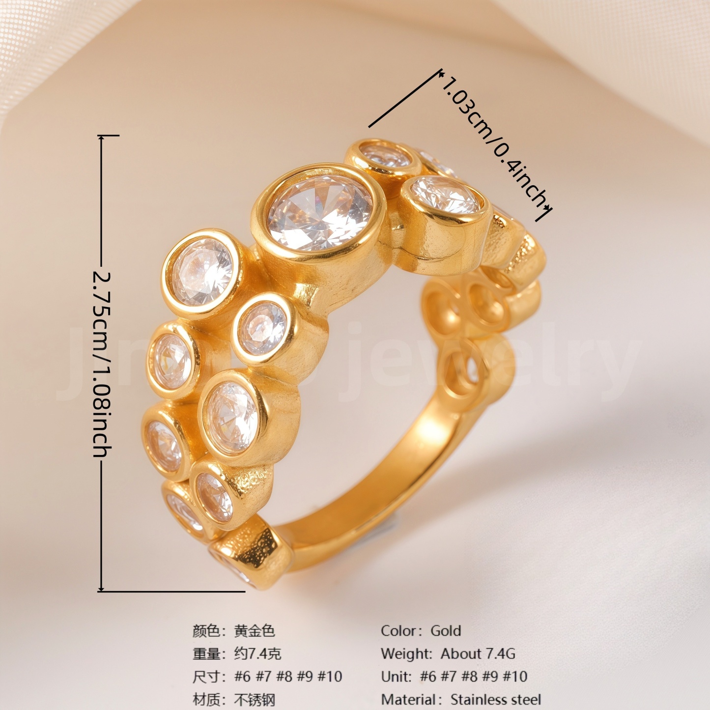 Luxury 24K Gold-Plating Stainless Steel Stunning Crystal Embellishments Women's Waterproof Ring-JinBaoJewerly
