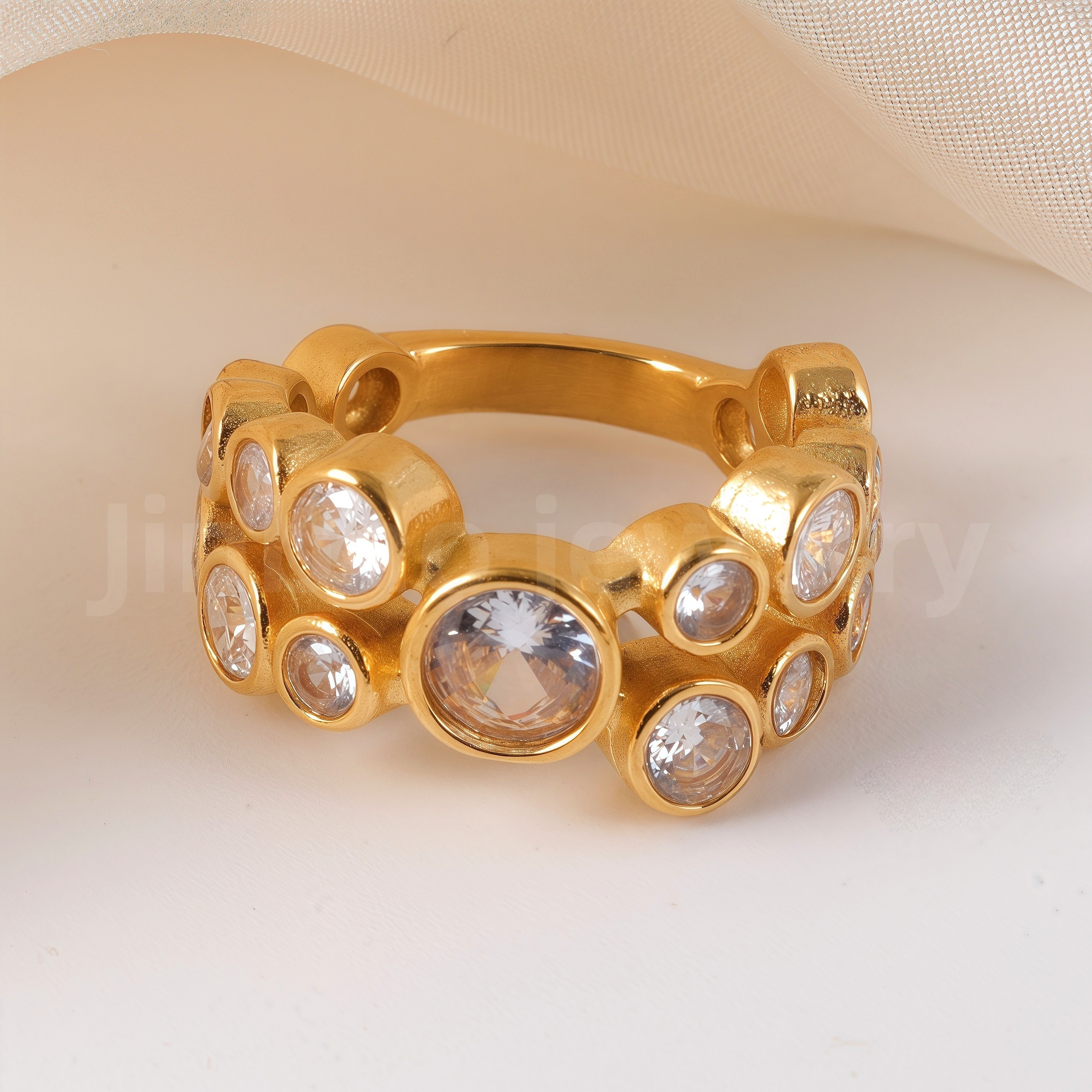 Luxury 24K Gold-Plating Stainless Steel Stunning Crystal Embellishments Women's Waterproof Ring-JinBaoJewerly