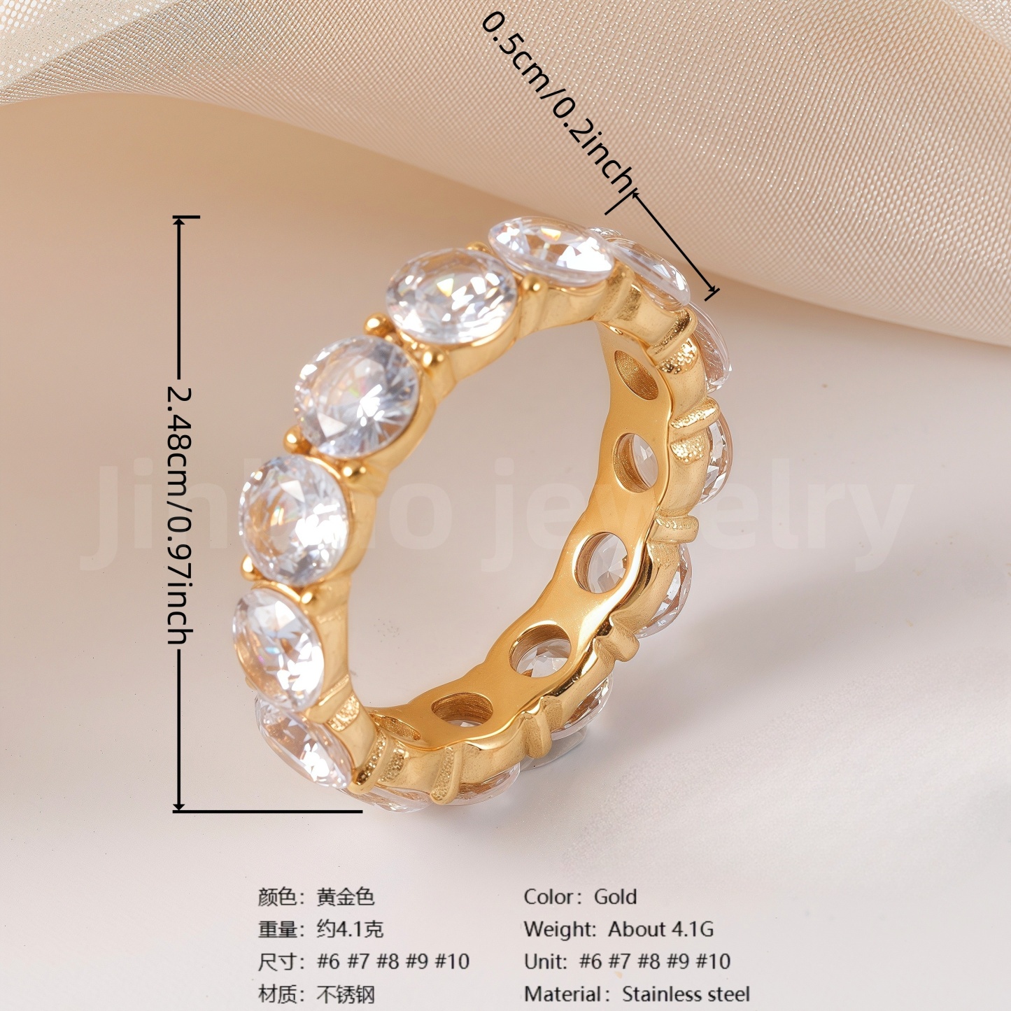 Luxury 24K Gold-Plating Stainless Steel Stunning Crystal Embellishments Women's Waterproof Ring-JinBaoJewerly