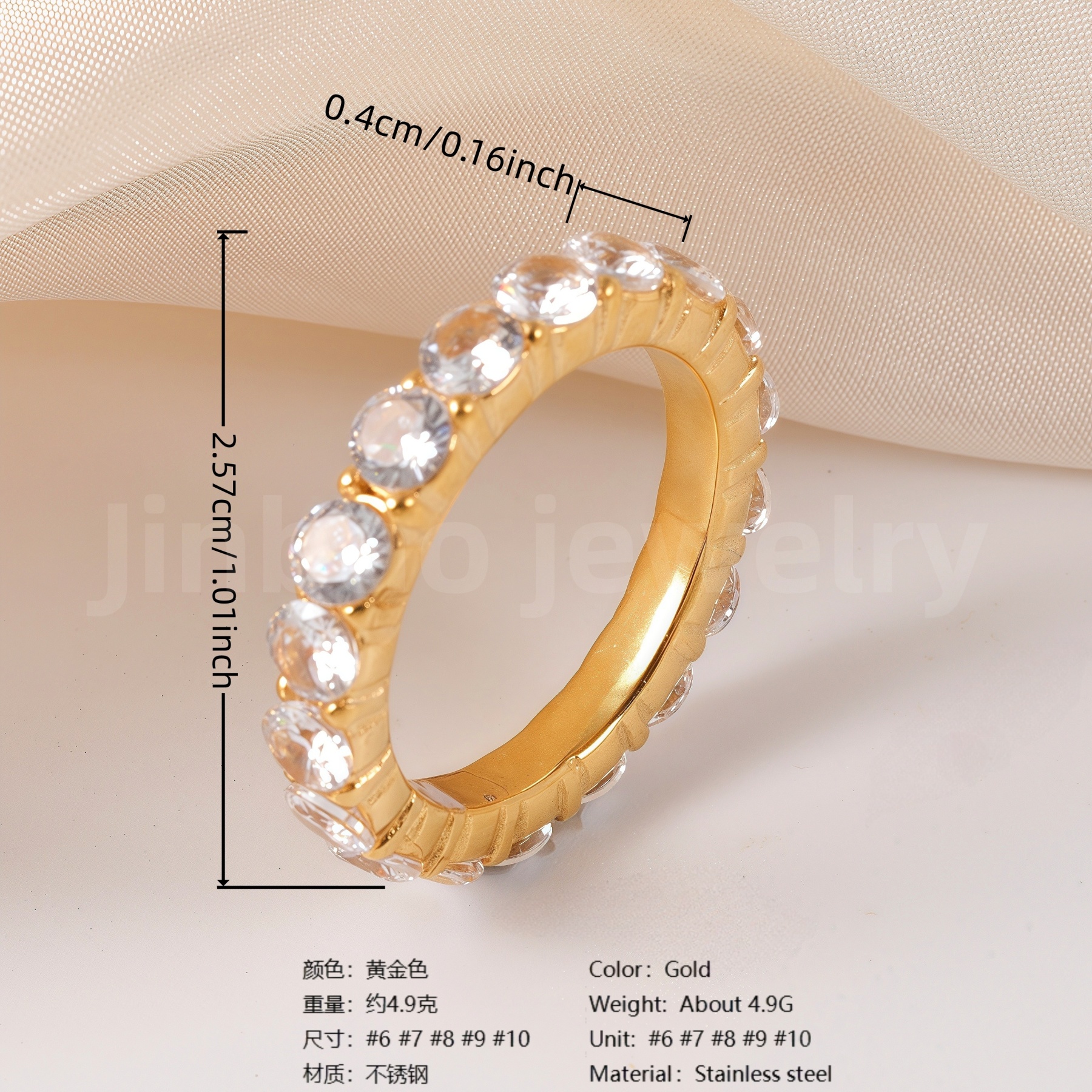 Luxury 24K Gold-Plating Stainless Steel Stunning Crystal Embellishments Women's Waterproof Ring-JinBaoJewerly