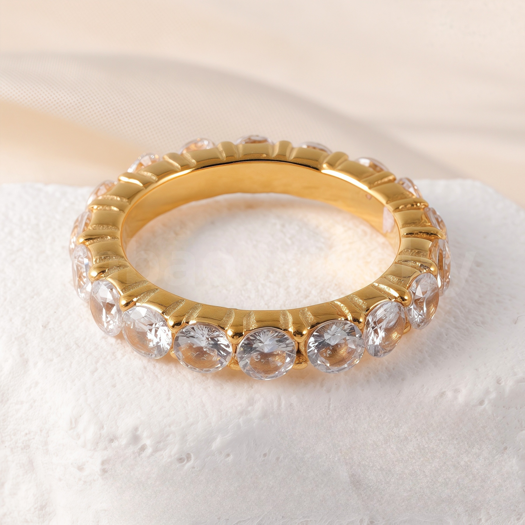 Luxury 24K Gold-Plating Stainless Steel Stunning Crystal Embellishments Women's Waterproof Ring-JinBaoJewerly