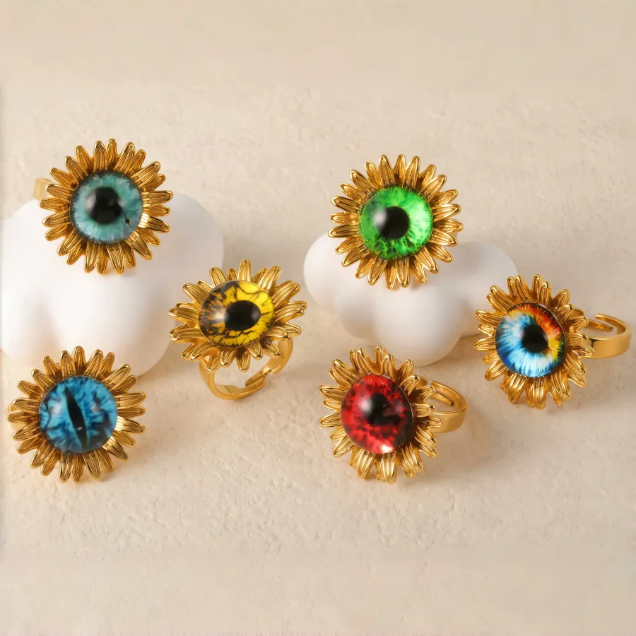 24K Gold-Plating Stainless Steel Colorful Eye Sunflower Trendy Women's Waterproof Ring