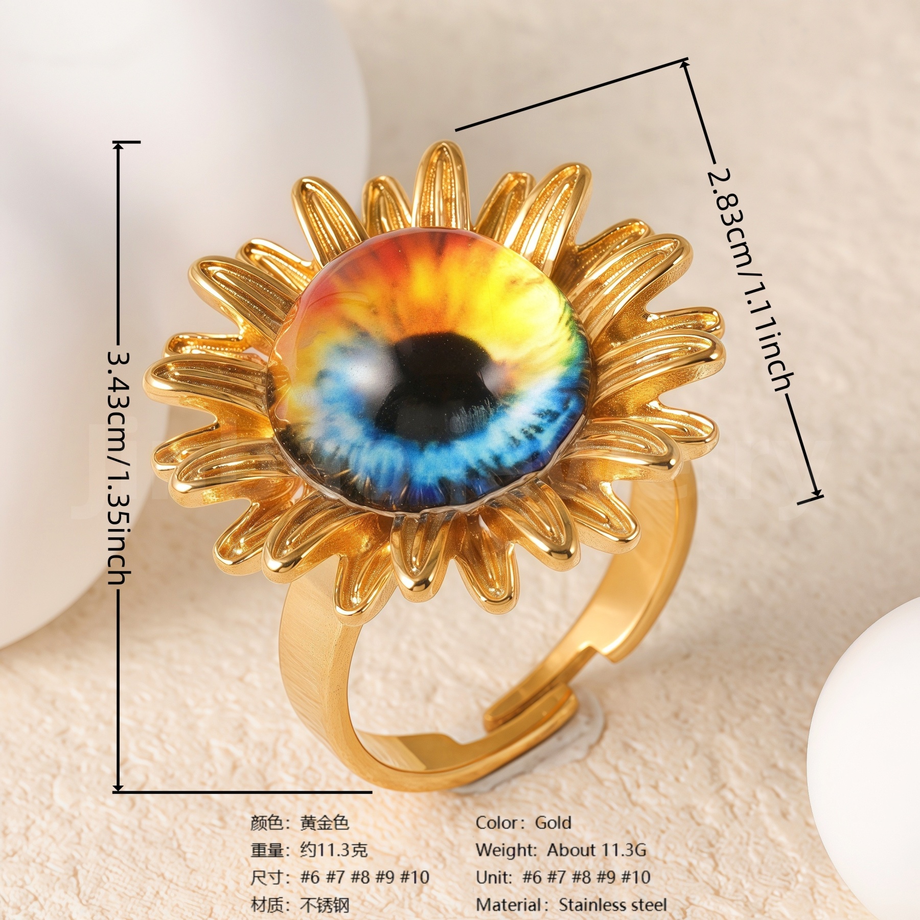 24K Gold-Plating Stainless Steel Colorful Eye Sunflower Trendy Women's Waterproof Ring-JinBaoJewerly