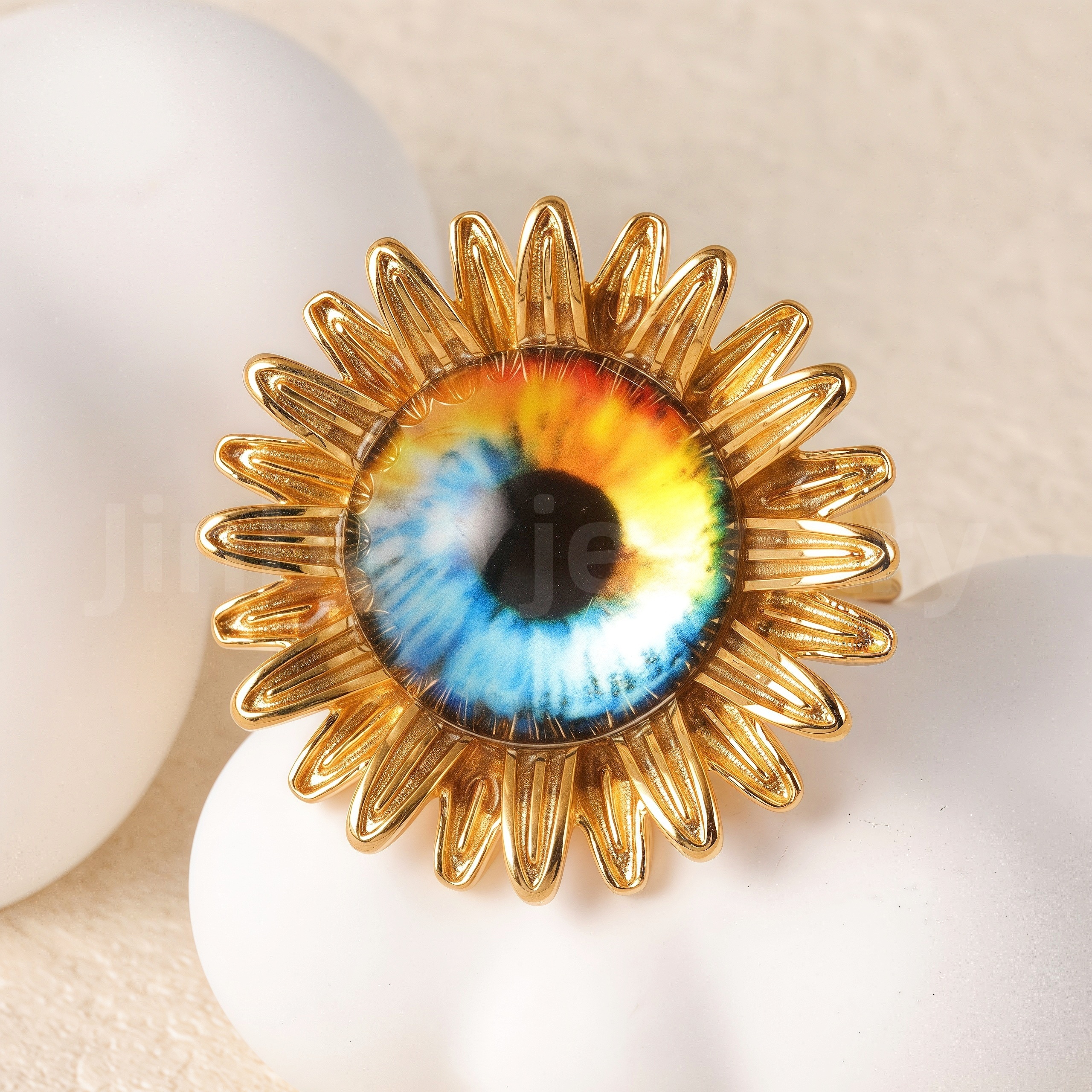 24K Gold-Plating Stainless Steel Colorful Eye Sunflower Trendy Women's Waterproof Ring-JinBaoJewerly