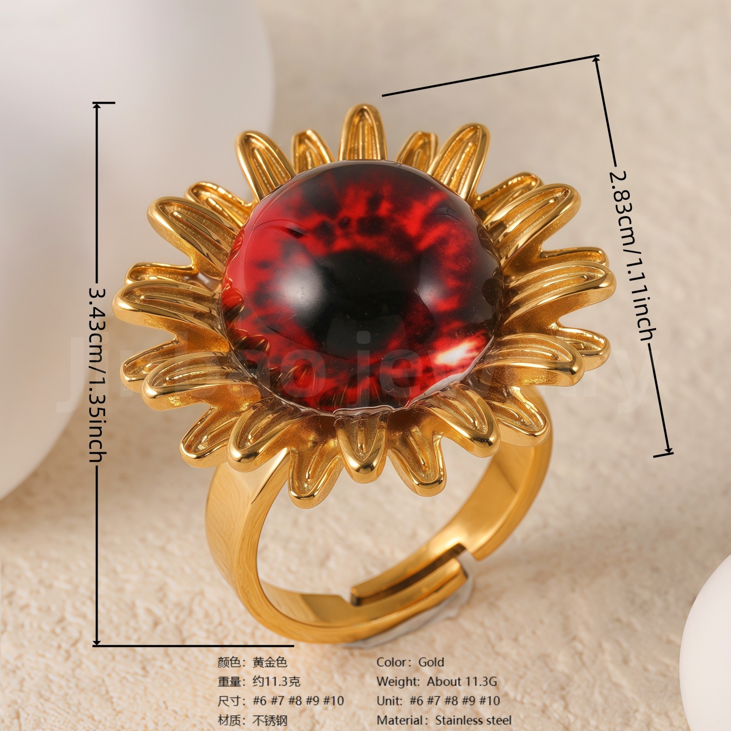 24K Gold-Plating Stainless Steel Colorful Eye Sunflower Trendy Women's Waterproof Ring-JinBaoJewerly