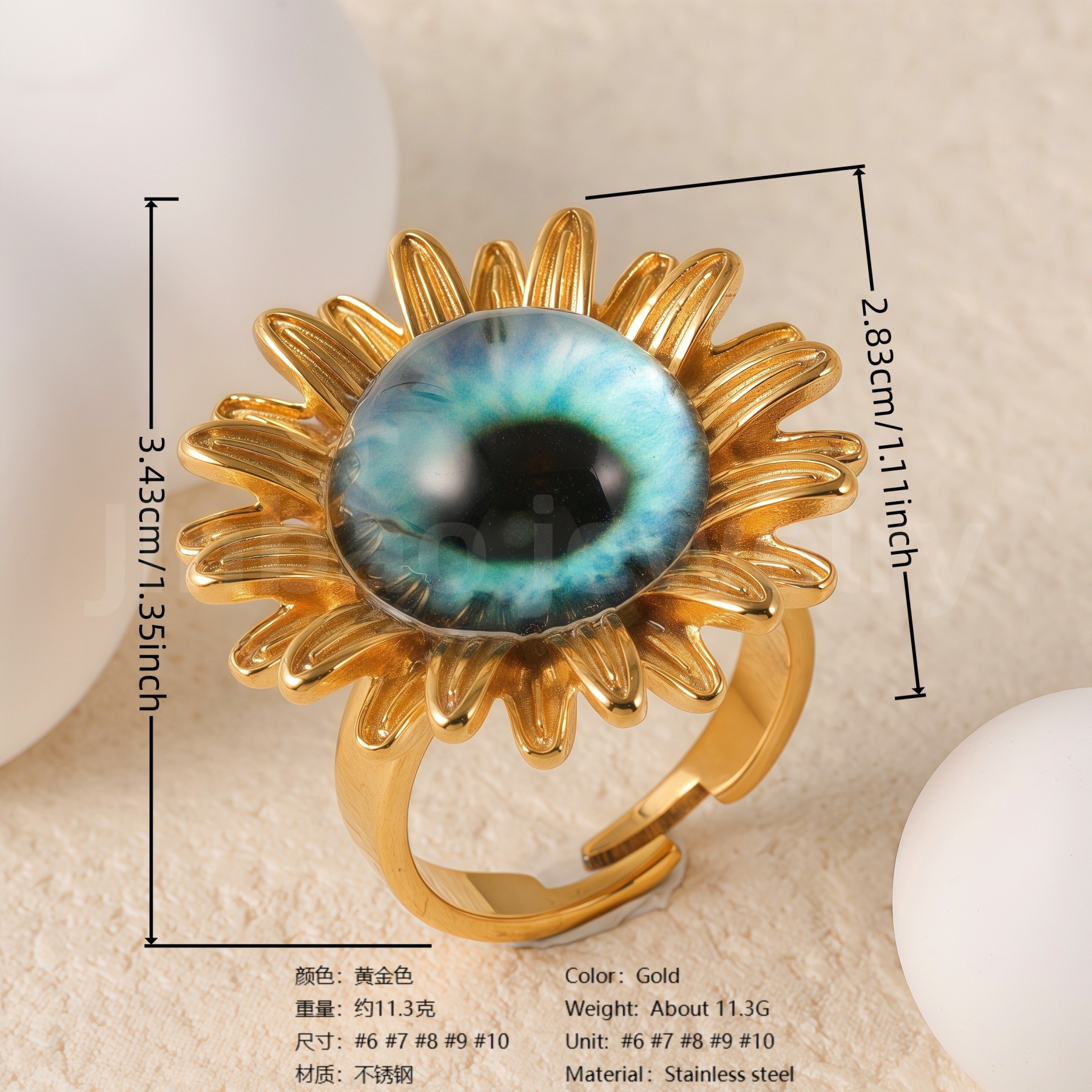 24K Gold-Plating Stainless Steel Colorful Eye Sunflower Trendy Women's Waterproof Ring-JinBaoJewerly