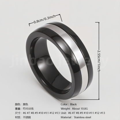 Black Fashion Stainless Steel Trendy Band Versatile for Business Men's Waterproof Ring 8MM-JinBaoJewerly
