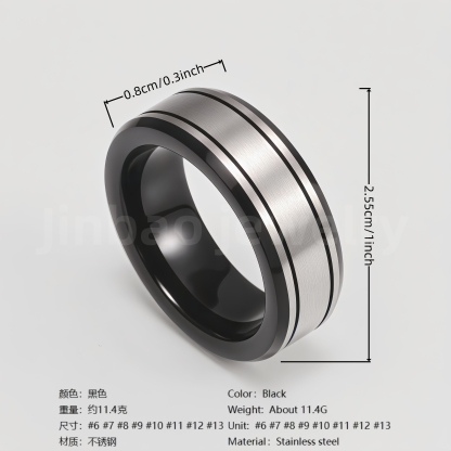 Black Fashion Stainless Steel Trendy Band Versatile for Business Men's Waterproof Ring 8MM-JinBaoJewerly