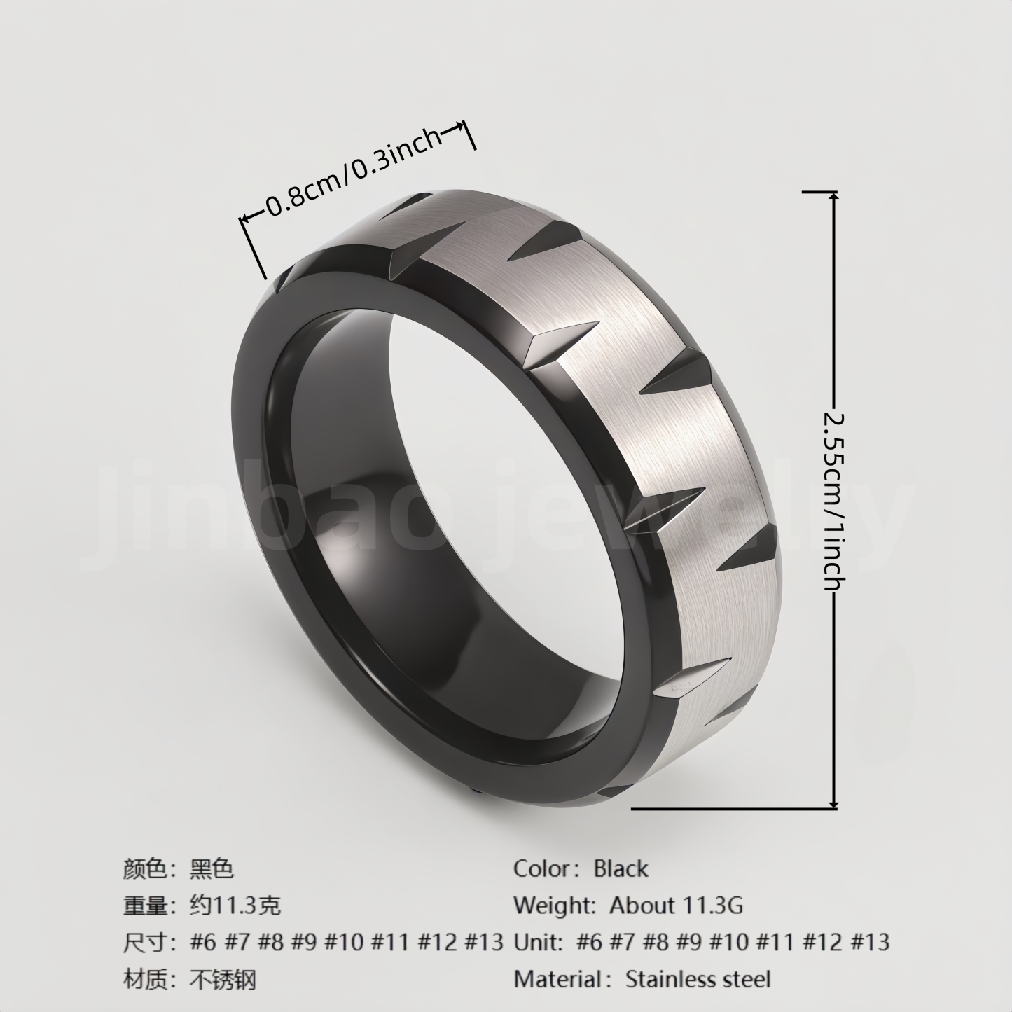 Black Fashion Stainless Steel Trendy Band Versatile for Business Men's Waterproof Ring 8MM-JinBaoJewerly