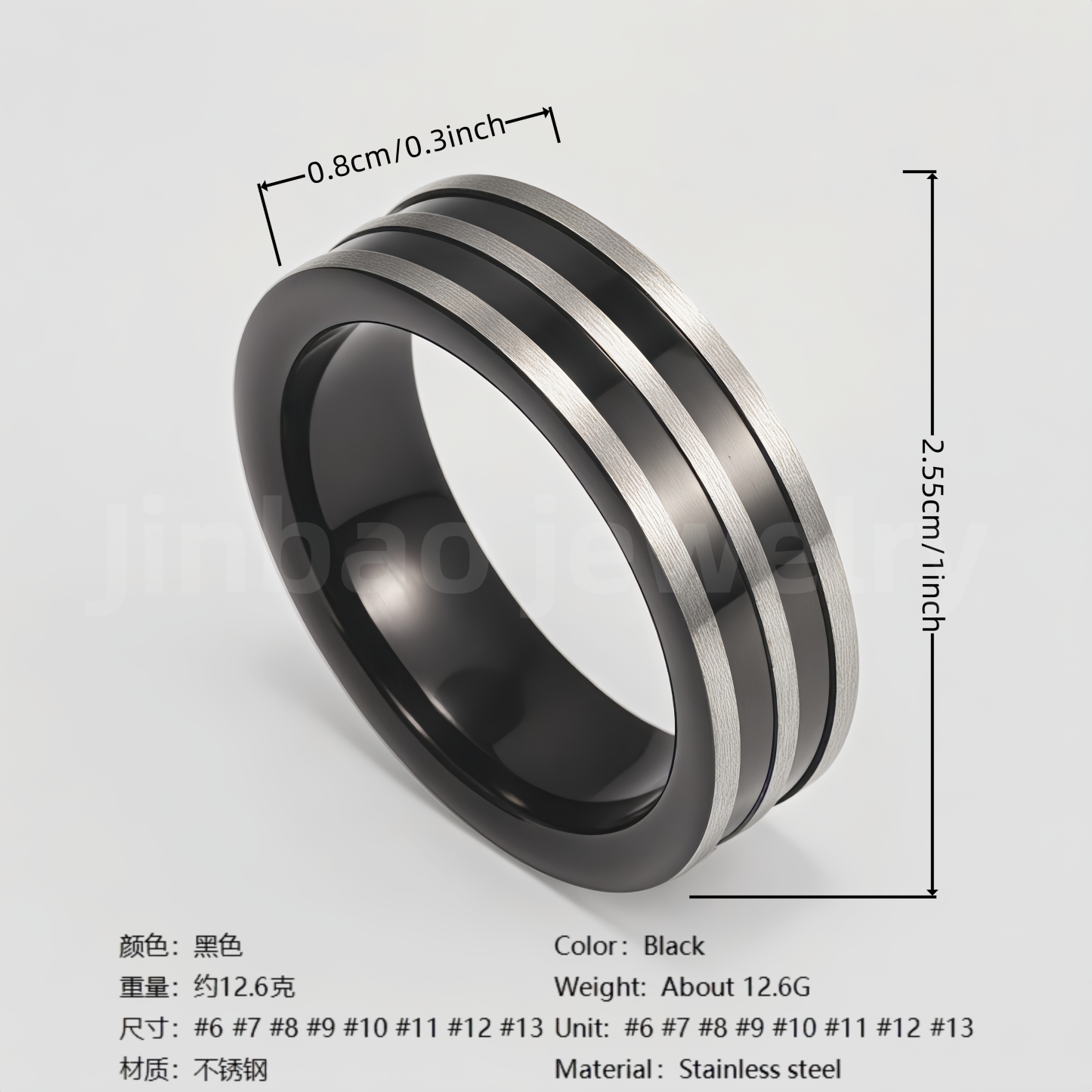 Black Fashion Stainless Steel Trendy Band Versatile for Business Men's Waterproof Ring 8MM-JinBaoJewerly