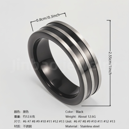 Black Fashion Stainless Steel Trendy Band Versatile for Business Men's Waterproof Ring 8MM-JinBaoJewerly