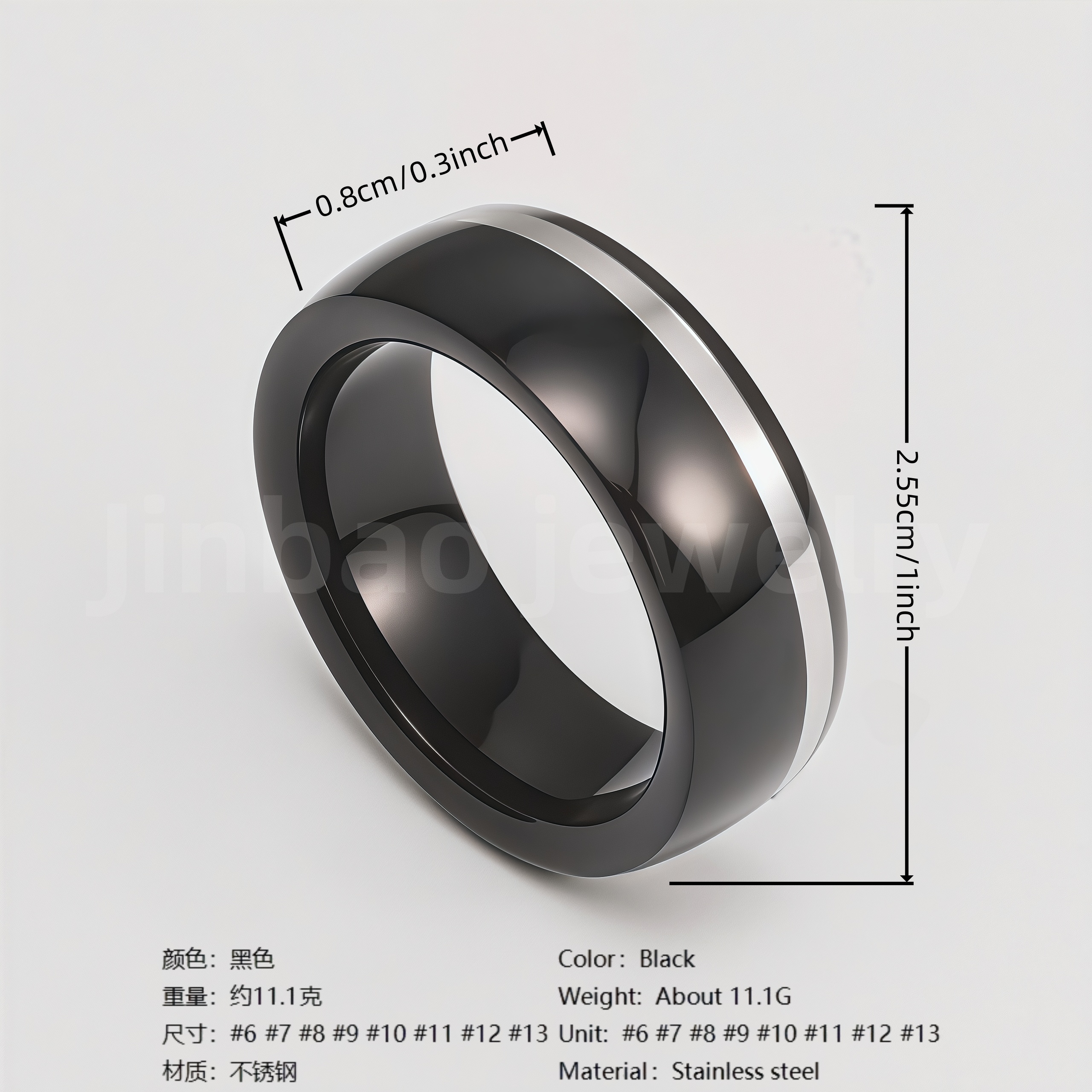 Black Fashion Stainless Steel Trendy Band Versatile for Business Men's Waterproof Ring 8MM-JinBaoJewerly