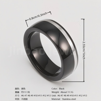 Black Fashion Stainless Steel Trendy Band Versatile for Business Men's Waterproof Ring 8MM-JinBaoJewerly