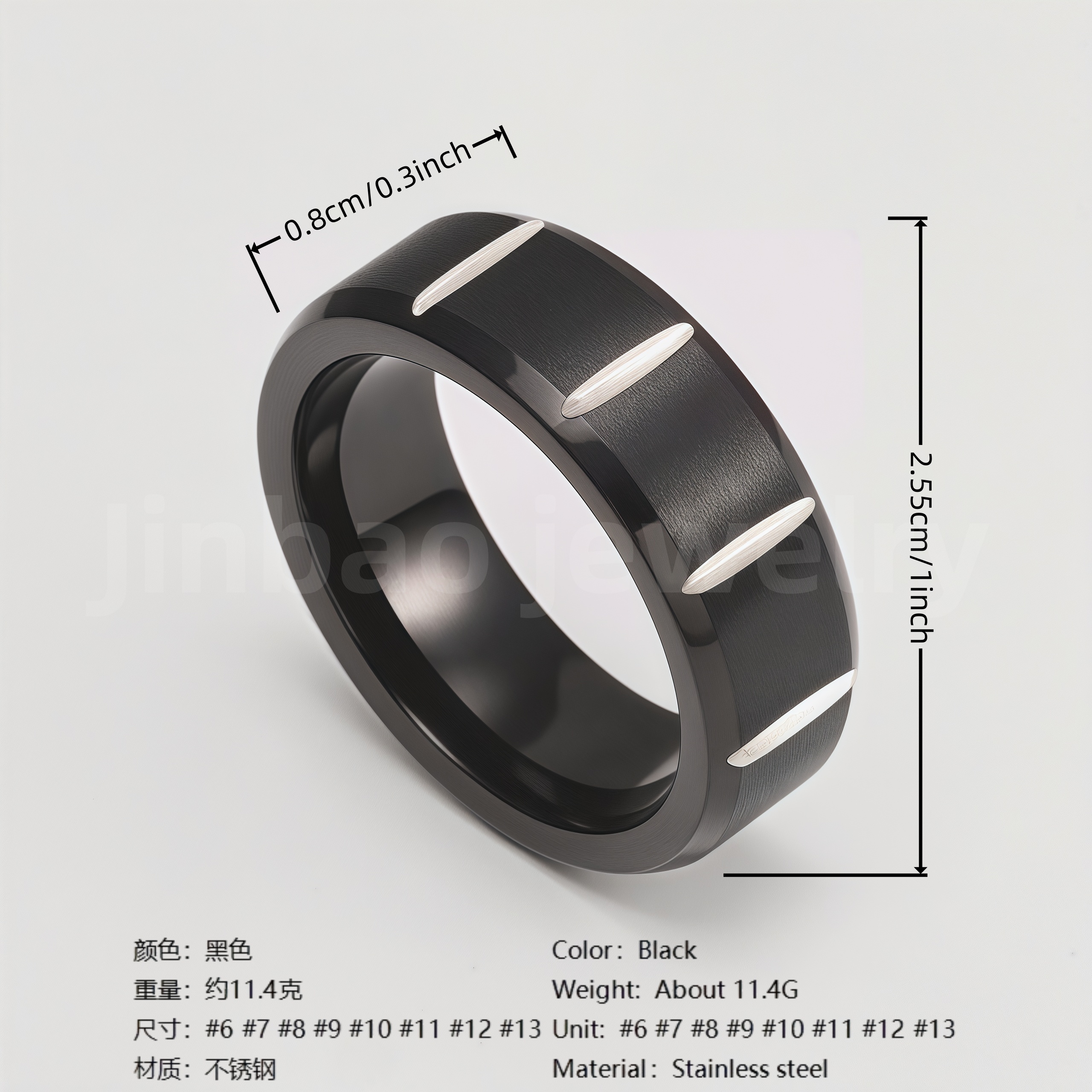 Black Fashion Stainless Steel Trendy Band Versatile for Business Men's Waterproof Ring 8MM-JinBaoJewerly