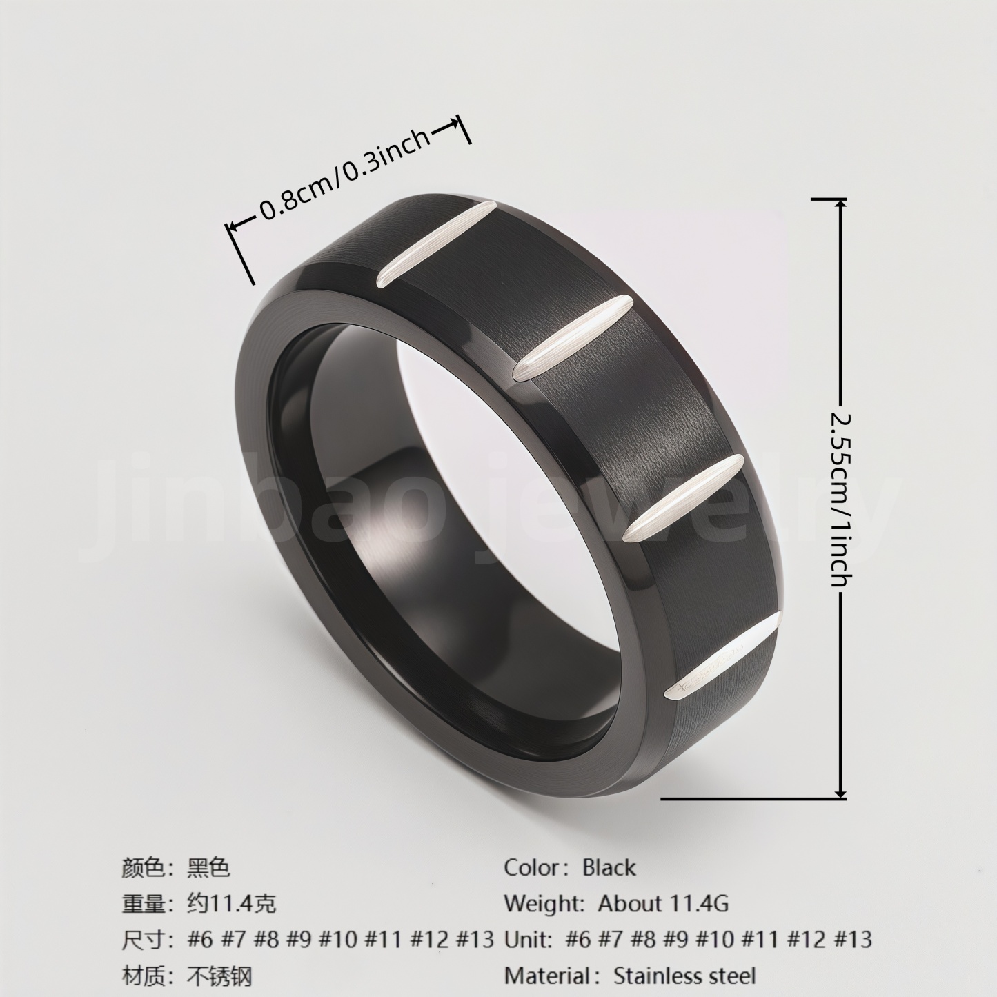 Black Fashion Stainless Steel Trendy Band Versatile for Business Men's Waterproof Ring 8MM-JinBaoJewerly
