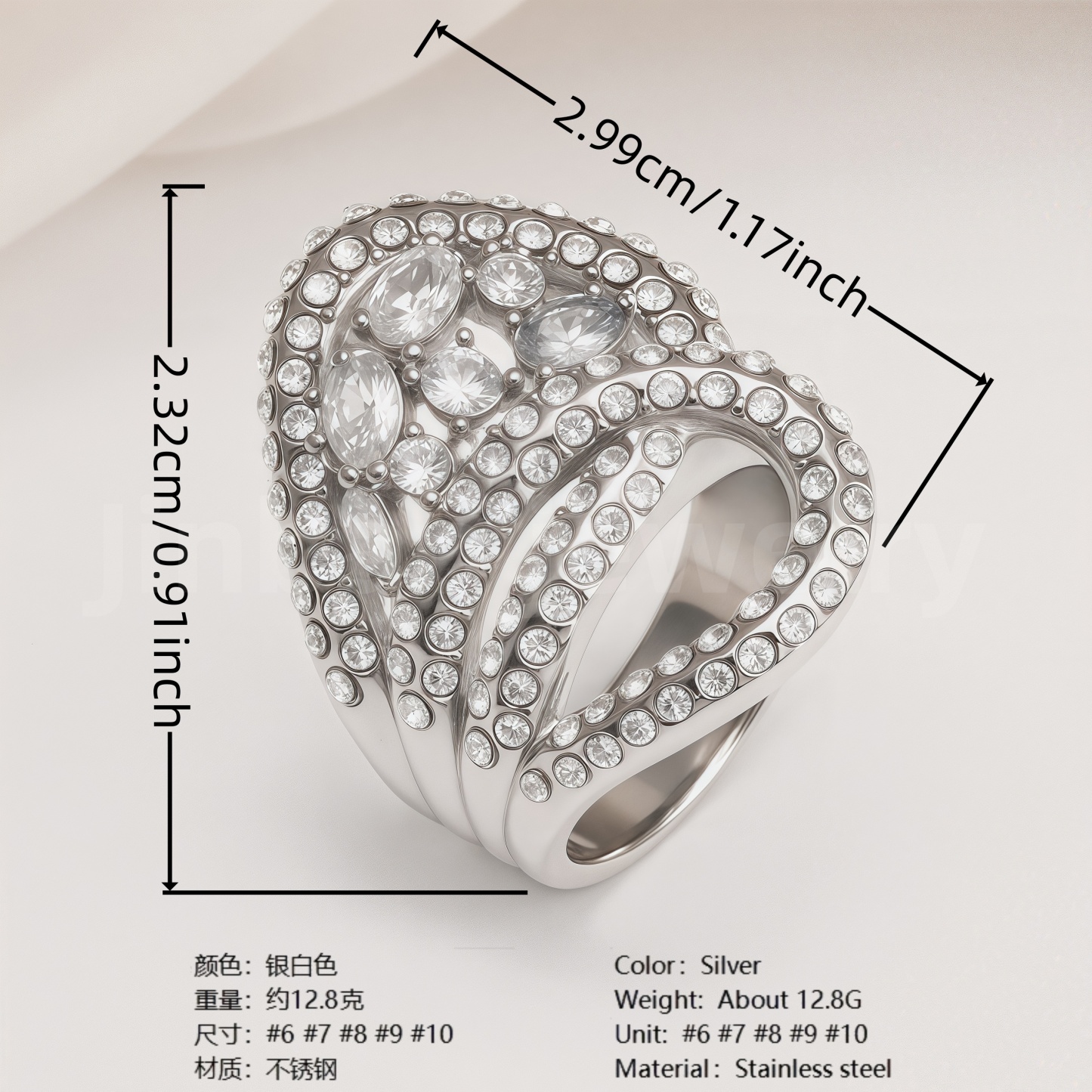 Shiny Full Diamond Stainless Steel Fashion Personality European & American Style Women's Ring-JinBaoJewerly
