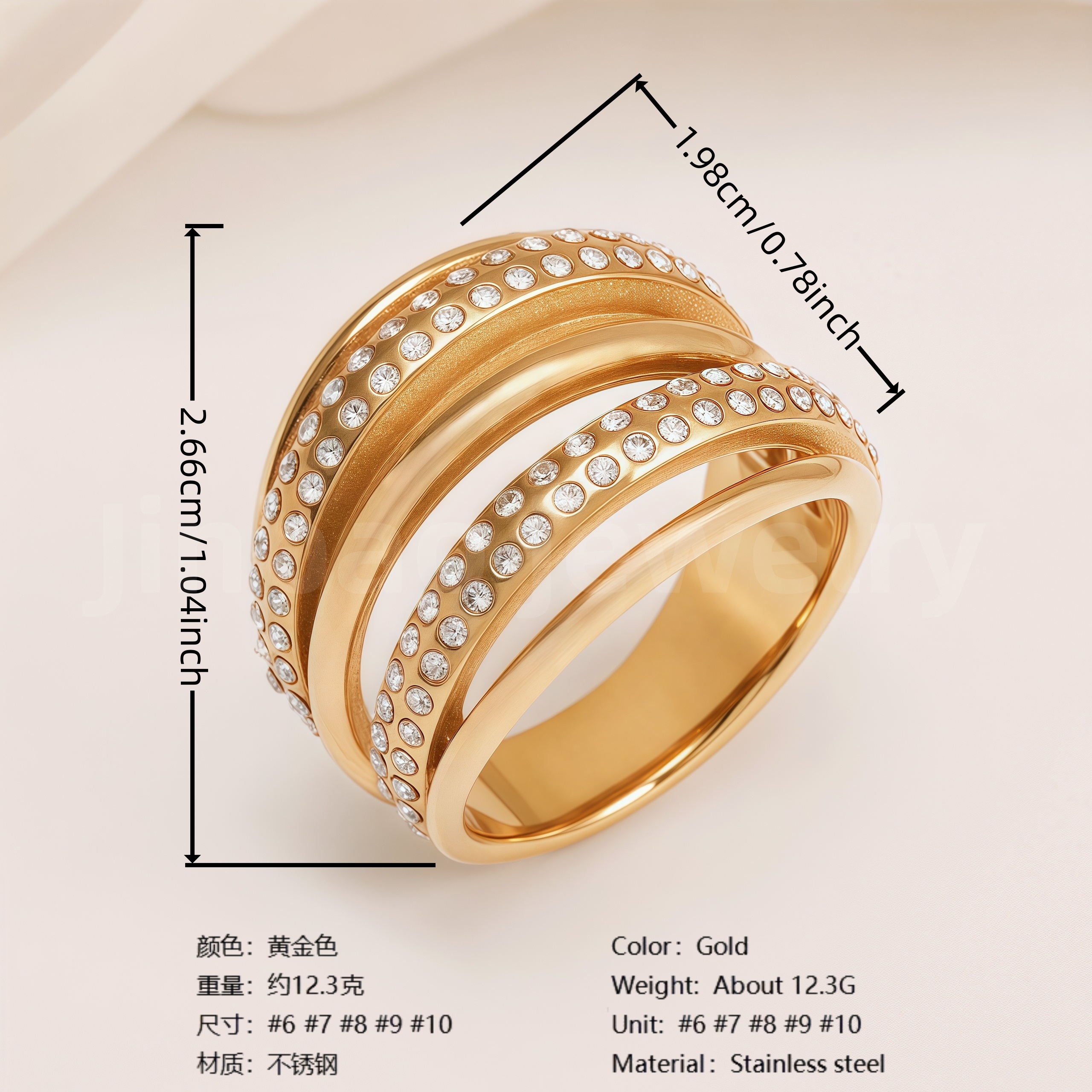 Shiny Full Diamond Stainless Steel Fashion Personality European & American Style Women's Ring-JinBaoJewerly
