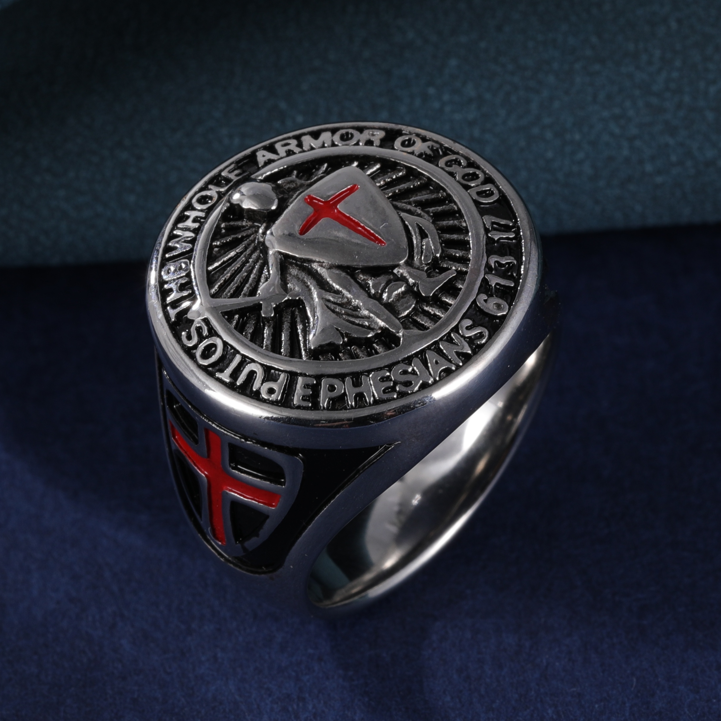 Stainless Steel Ring with Red Cross and Armor Pattern, Symbolizing Divine Strength, Perfect for Men's b Faith Ring, Courage and Protection, Ideal Gift-JinBaoJewerly