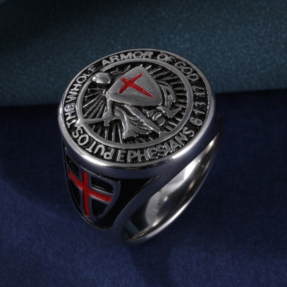 Stainless Steel Ring with Red Cross and Armor Pattern, Symbolizing Divine Strength, Perfect for Men's b Faith Ring, Courage and Protection, Ideal Gift-JinBaoJewerly