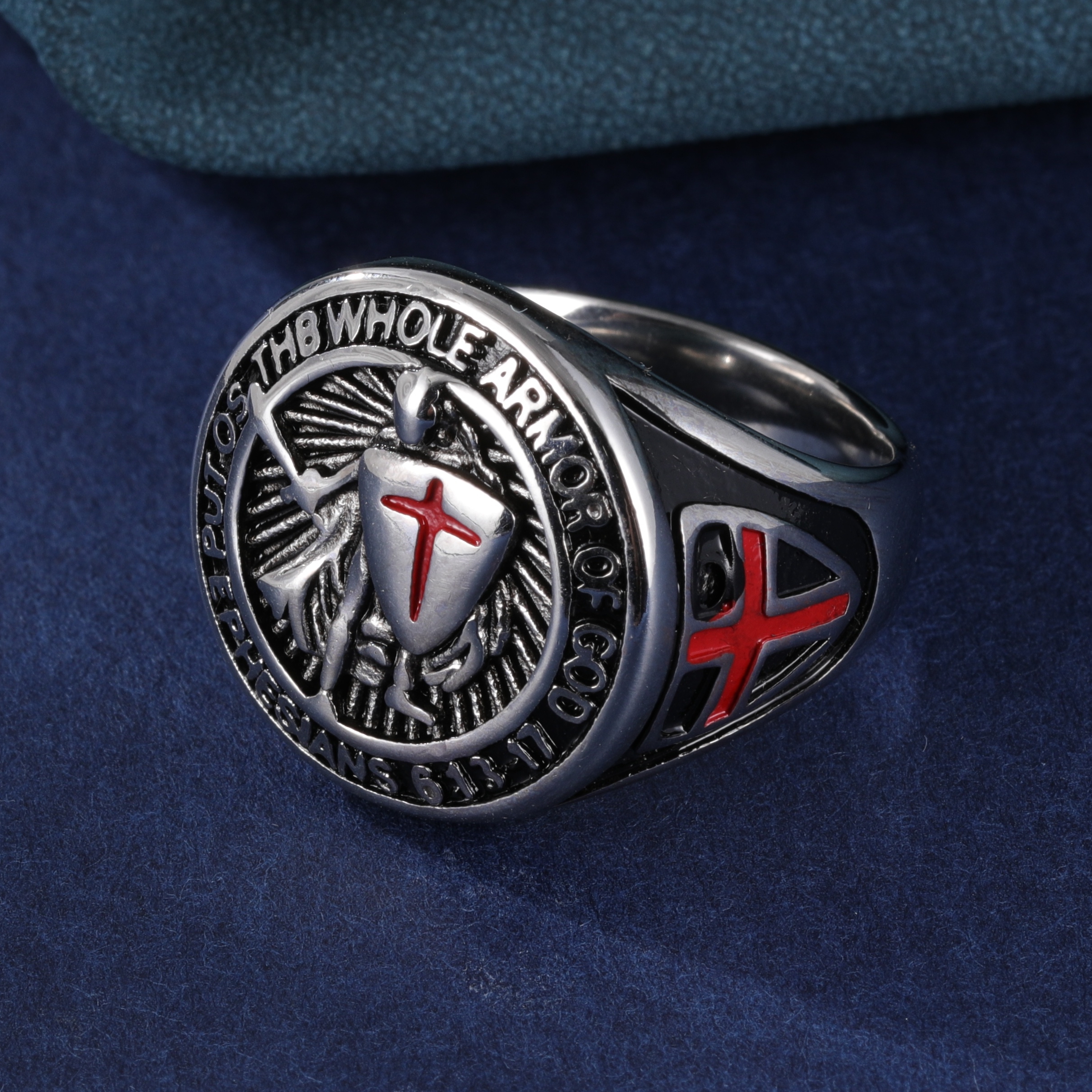 Stainless Steel Ring with Red Cross and Armor Pattern, Symbolizing Divine Strength, Perfect for Men's b Faith Ring, Courage and Protection, Ideal Gift-JinBaoJewerly