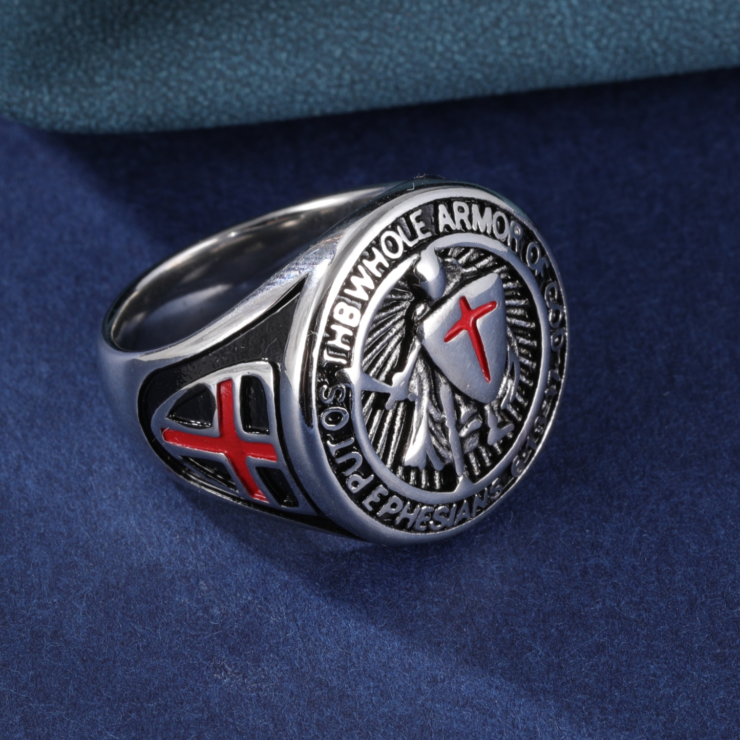 Stainless Steel Ring with Red Cross and Armor Pattern, Symbolizing Divine Strength, Perfect for Men's b Faith Ring, Courage and Protection, Ideal Gift-JinBaoJewerly
