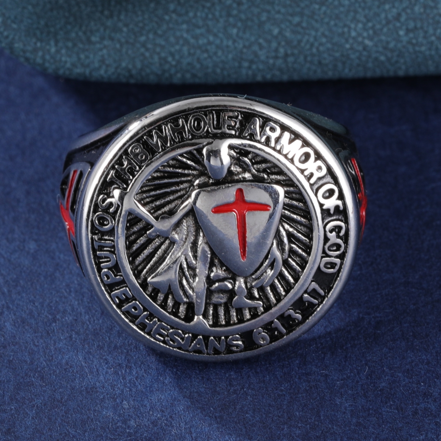 Stainless Steel Ring with Red Cross and Armor Pattern, Symbolizing Divine Strength, Perfect for Men's b Faith Ring, Courage and Protection, Ideal Gift-JinBaoJewerly