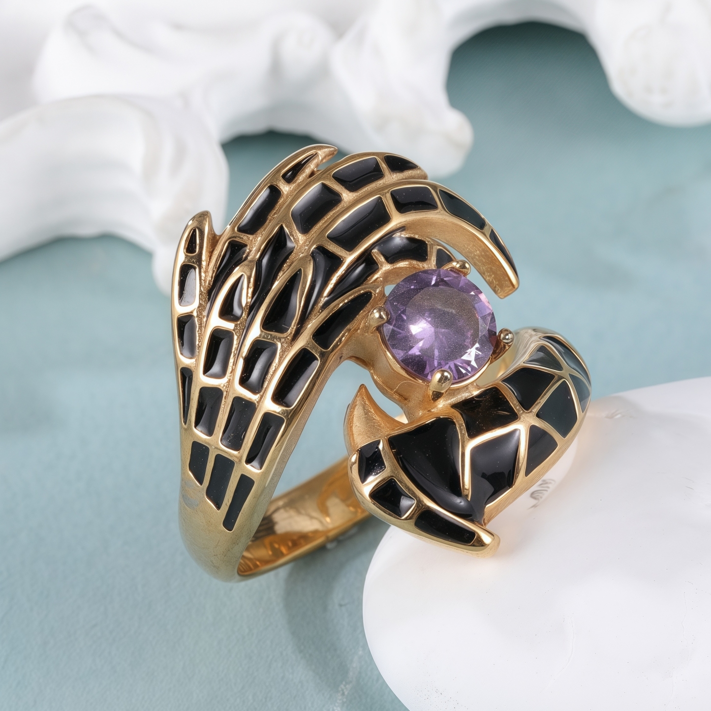 Creative Gemstone and Black Enamel Stainless Steel Women's Ring丨C-309-JinBaoJewerly