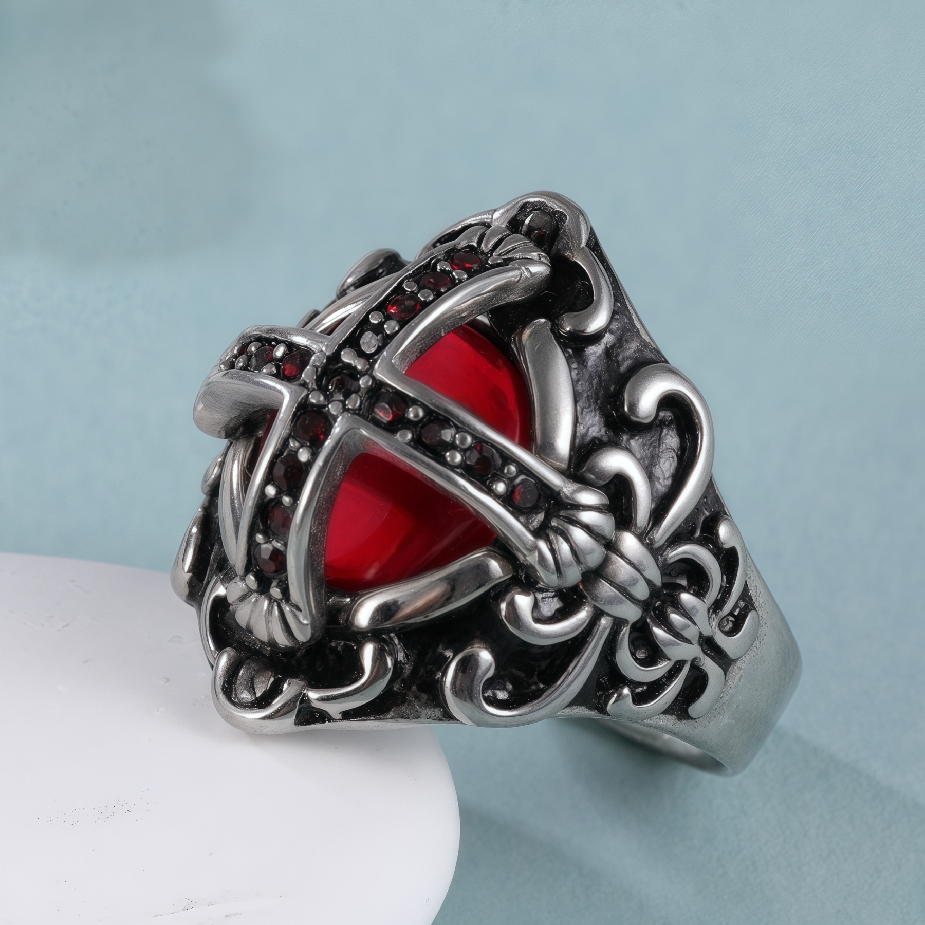 Cross-Set Ruby ​​Stainless Steel Men's Ring丨C-308-JinBaoJewerly