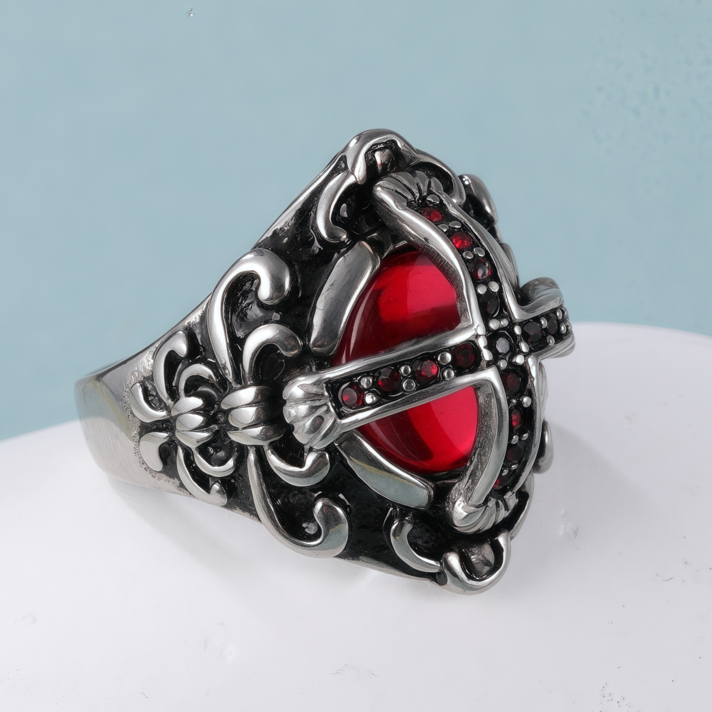 Cross-Set Ruby ​​Stainless Steel Men's Ring丨C-308-JinBaoJewerly