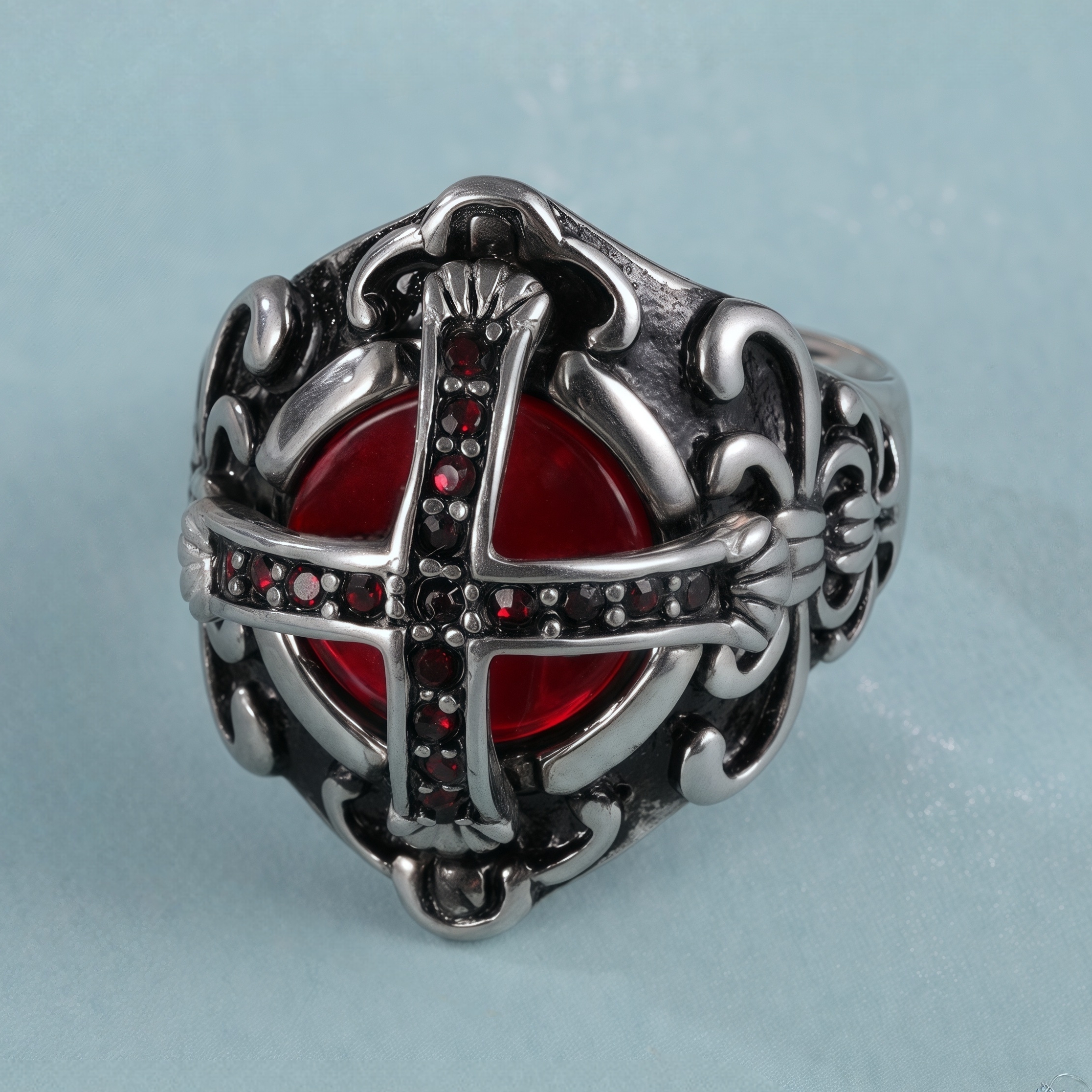 Cross-Set Ruby ​​Stainless Steel Men's Ring丨C-308-JinBaoJewerly