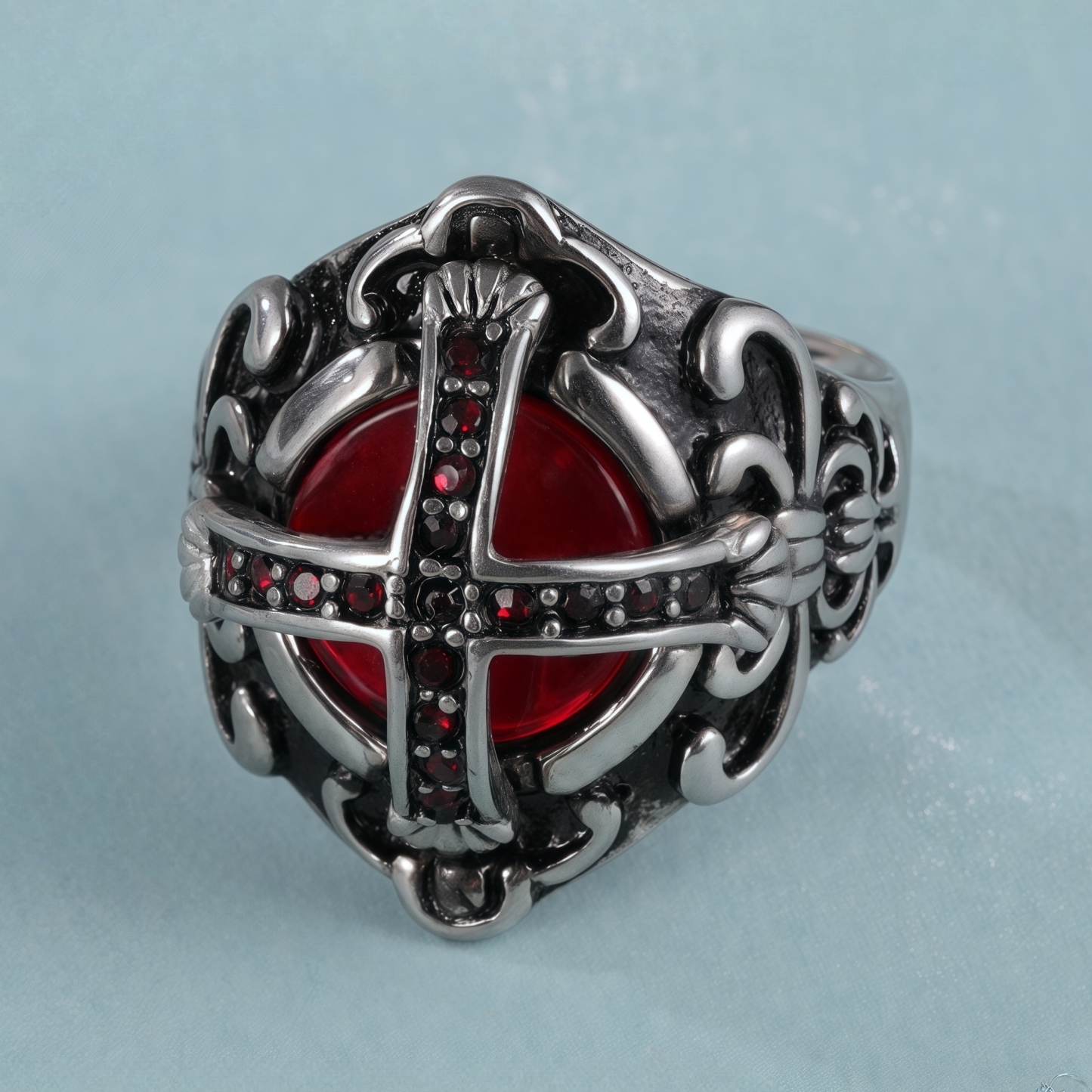 Cross-Set Ruby ​​Stainless Steel Men's Ring丨C-308-JinBaoJewerly