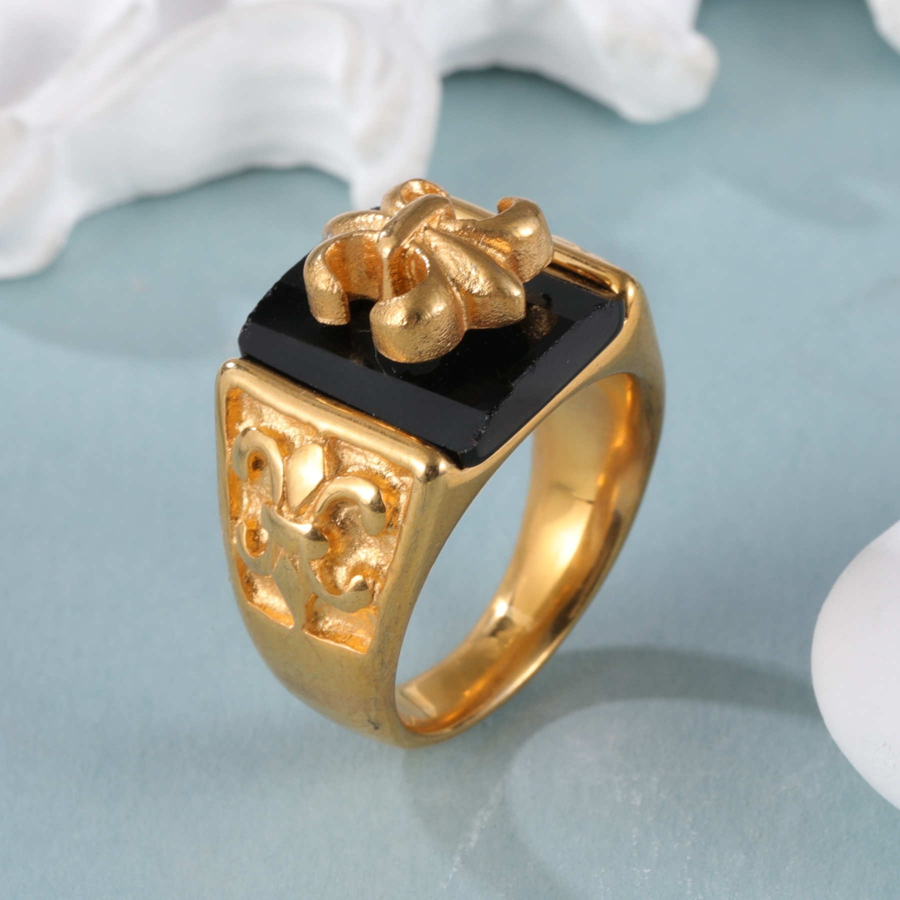 Gold Stainless Steel Ring with Black Gemstone and Cross Carving, Classic Vintage Style, Perfect Fashion Ring for Men, Ideal Gift-JinBaoJewerly