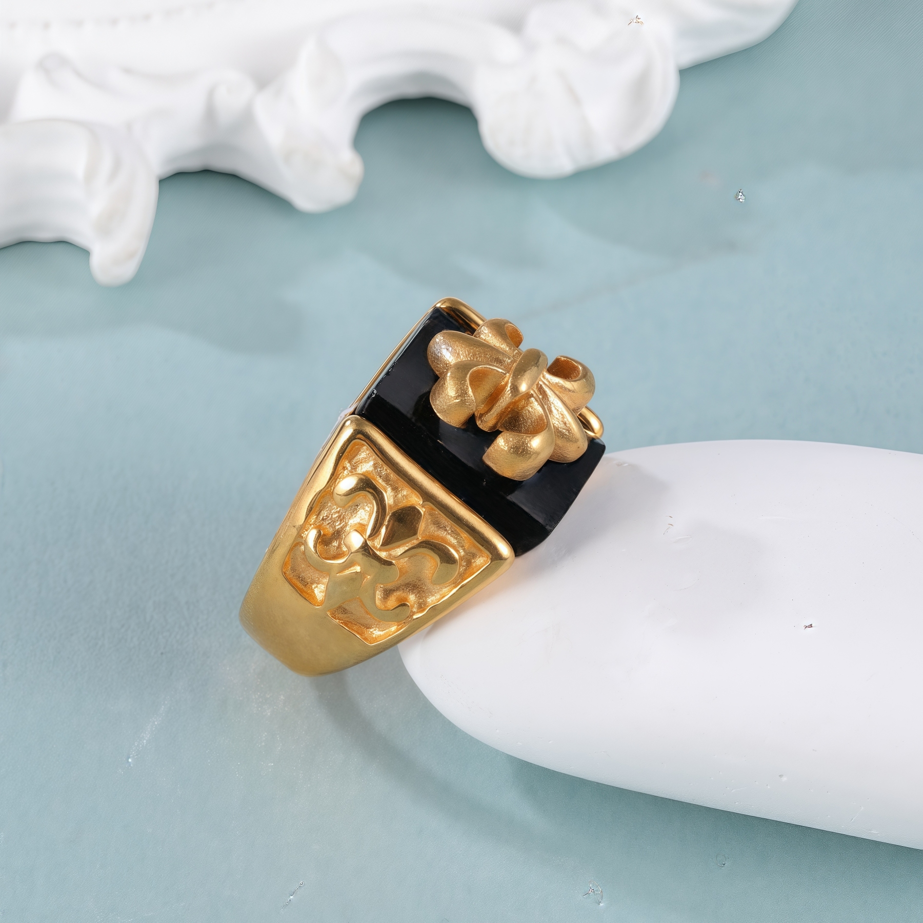 Gold Stainless Steel Ring with Black Gemstone and Cross Carving, Classic Vintage Style, Perfect Fashion Ring for Men, Ideal Gift-JinBaoJewerly