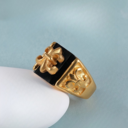 Gold Stainless Steel Ring with Black Gemstone and Cross Carving, Classic Vintage Style, Perfect Fashion Ring for Men, Ideal Gift-JinBaoJewerly